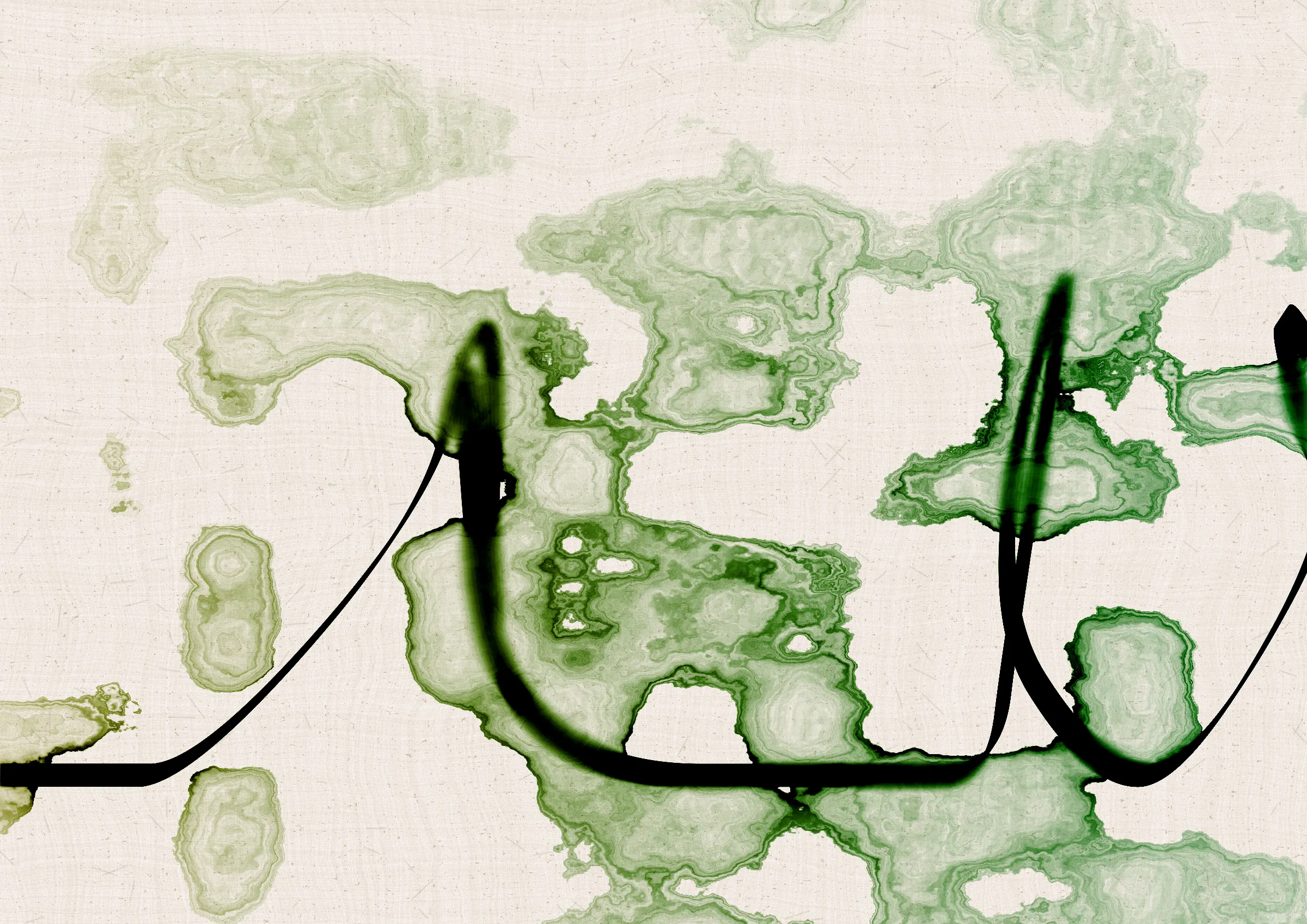 Sudfah (Arabic for "happy accident") is a generative collection celebrating the beauty that can emerge from chaos, mistakes, and accidents.

A single calligraphic line intends to tell one story (sometimes wandering and confused in its own right, but always meandering from one side to the other).

Digital liquid is spilled upon it and takes the ink in directions that are unexpected, uncontrolled, and tell a much more interesting story than the one the line intended.... and often more beautiful.