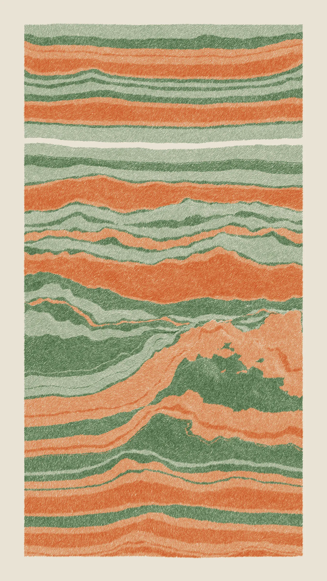 Stratified landforms constructed from many small strokes of colour. The hash of each token describes a coordinate within a multidimensional generative space, locating a unique composition that lies along one of many possible longitudes.