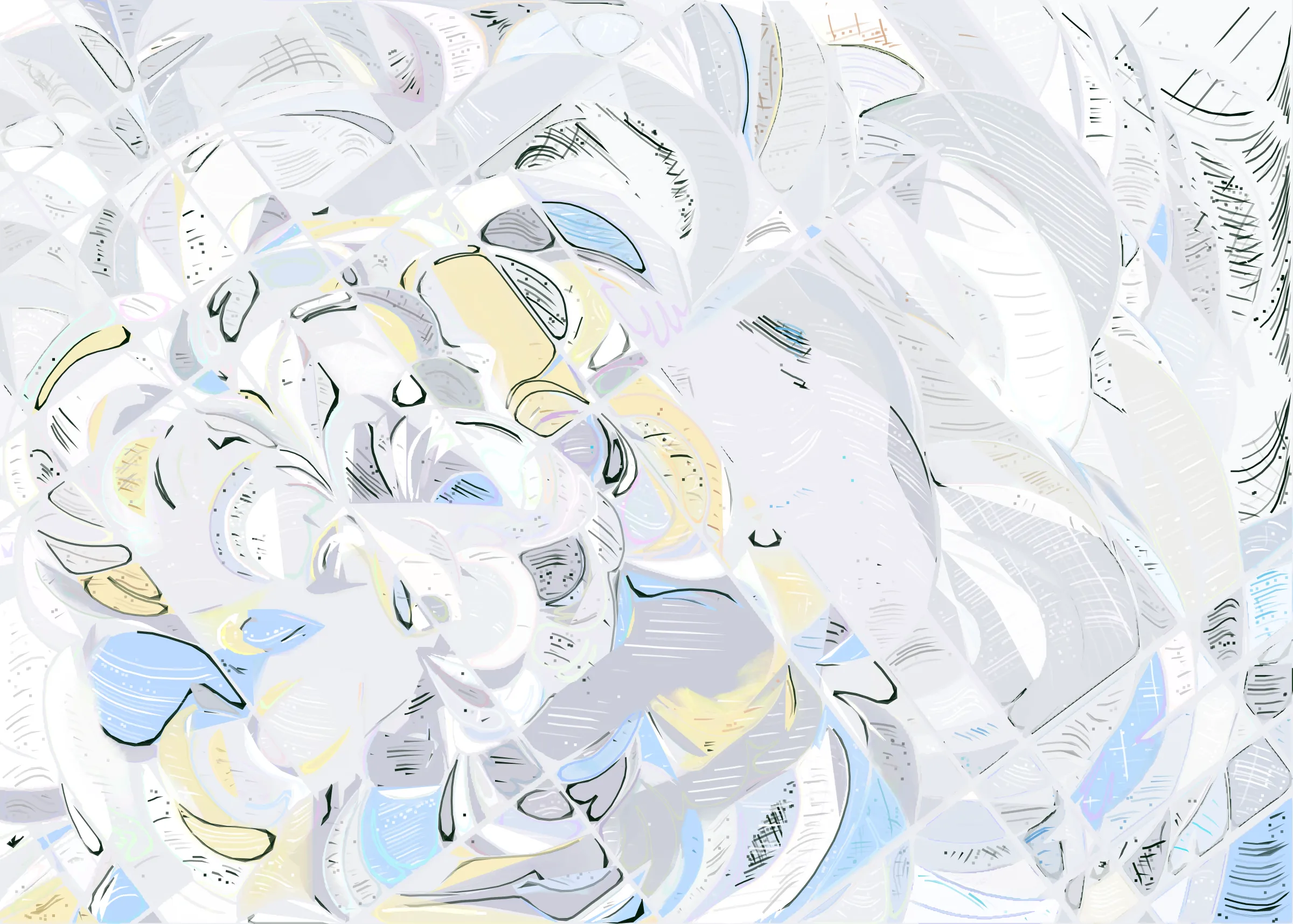 **Running Moon** depicts the nuanced interaction between clouds and moonlight. It is a search for boundaries between structure and fluidity, precision and errors. It is a quest for harmony. 

The rendering of **Running Moon** is inspired by stained glass and watercolor. It captures the sharpness of the glass and the softness of light using abstract forms. As organic shapes gradually expand to fill the space, brush-pen-like stripes solder these pieces together to form intricate compositions.