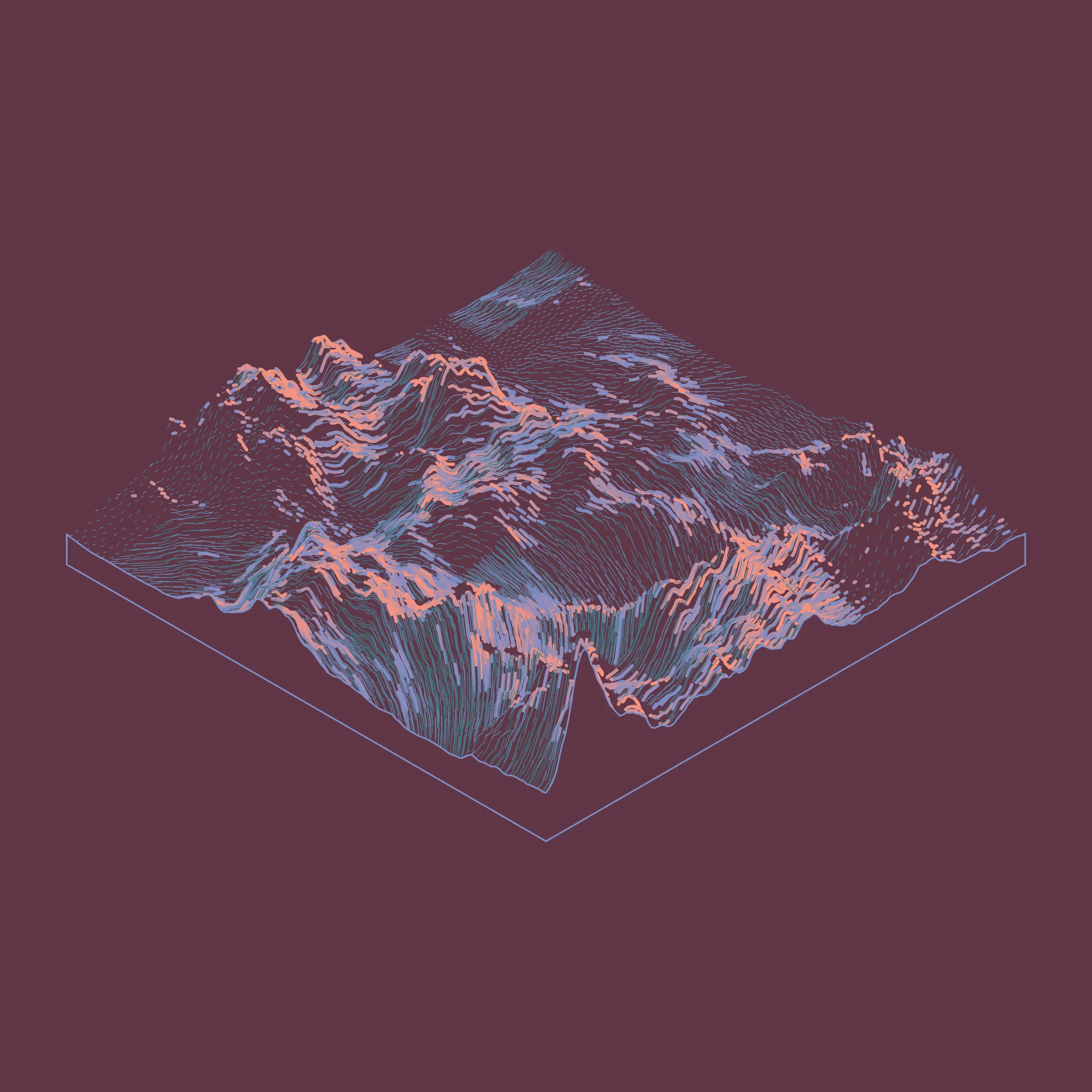 A generative algorithm that draws the impression of a landscape from a multitude of possibilities. The unique seed from each token drives the parametric assortment of lines, colors, and forms into a constructed composition.