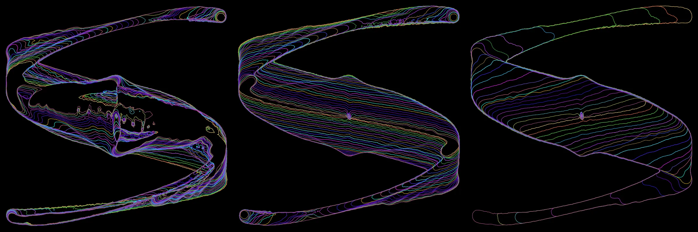 Primordial presents forms as diverse as those found in the natural world. The emergent system powering Primordial is capable of generating this diversity but is hard to control. After the initial generation there is a curation step; forms must meet certain criteria or the algorithm replaces them.

The forms produced by Primordial are presented in a triptych, as comparing multiple outputs is fundamental to understanding a generative algorithm. Primordial attempts to generate triptychs where the individual forms are related, and the results can be surprisingly harmonious or discordant.

Once the triptych is finalized, click on one of the forms to redraw a previous image. Press s to save the entire triptych, or 1-3 to save an individual image.