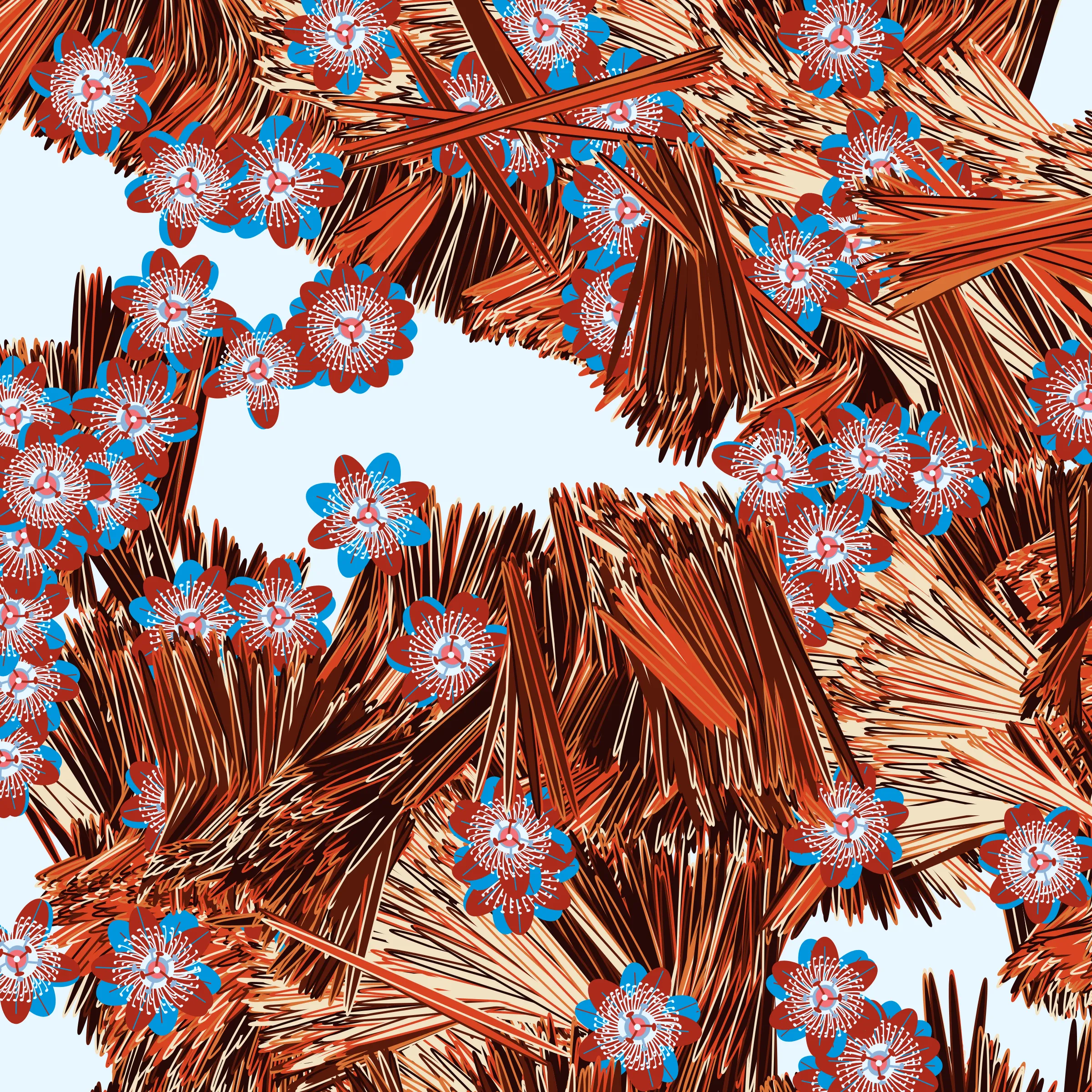 “Fragments of an infinite field” is a compositional system in which an idealized plant species is generated and arranged in a potentially infinite field of foliage. The main environmental parameter of the composition is the determination of a season of the year. The season determines the landscape’s colors and defines specific phenomena for each of them, such as rain in summer, snow in winter, petals falling in autumn, and pollen in spring. The flower has several possible variables, which can be macro aspects, affecting the entire population of the species, or micro, affecting each individual of the species differently. For example, the number of petals can be equal in all individuals or not. The number of filaments and other structures of the flower can undergo minor deviations, generating small mutations. The confusion between the figure (plant) and the background (earth, sky, other natural elements) is fascinating from a compositional point of view. The background colors are, most of the time, colors present in the figures, often breaking the boundary between them and, therefore, generating chromatic masses. In this project I also intend to research the following question: How to create parameters that resemble a living organism's growth? In this sense, the project approaches digital morphogenesis and the development of procedural organisms.