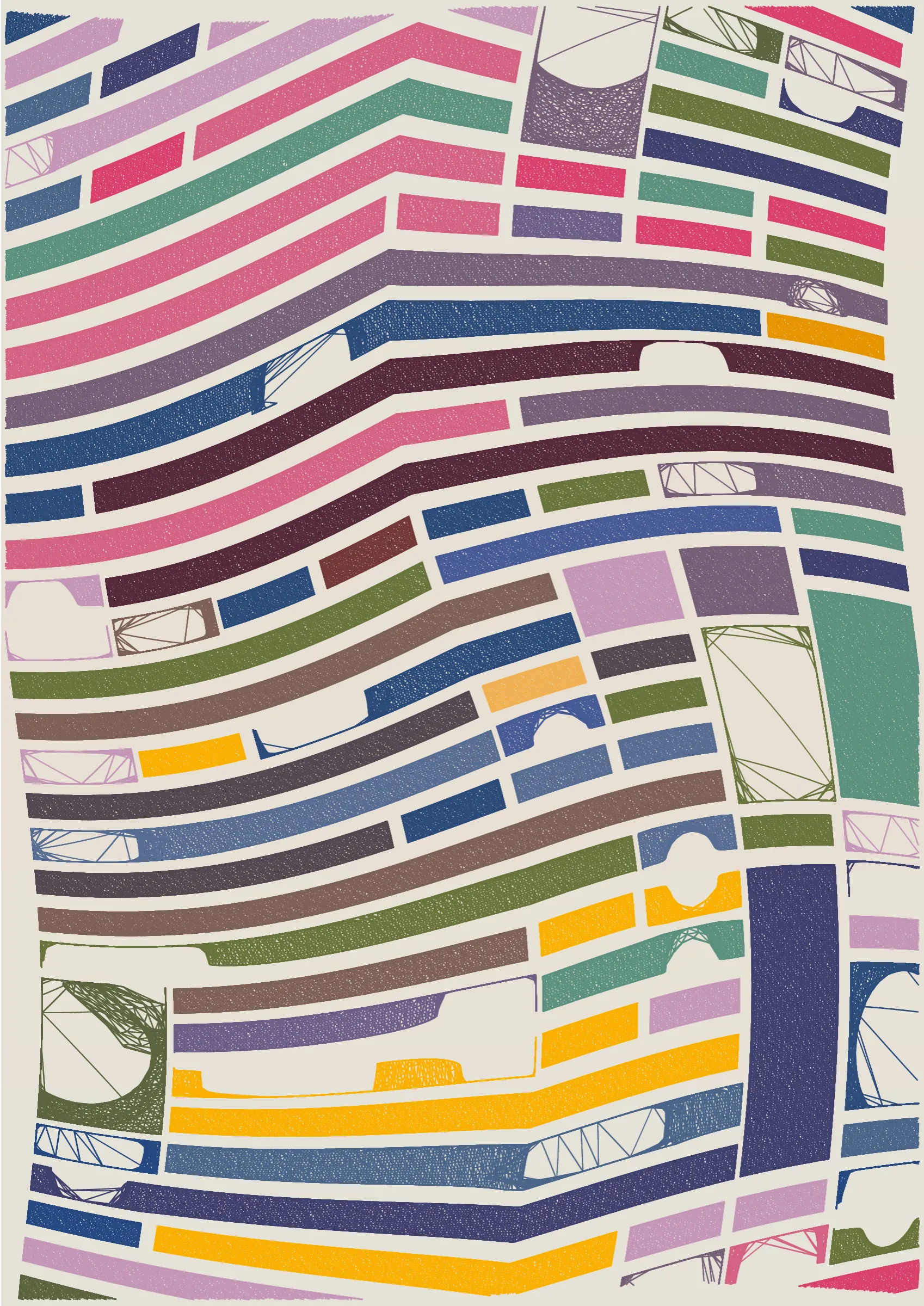 "Edifice" is a series of 976 massive, deteriorating structures built on strange terrain. It is an exploration of buildings being conceptualized, constructed, and eroded away under a wide variety of conditions. Edifice's outputs run the gamut between minimal and maximal, with some showing few large, static blocks of color, and others many small, highly textured and warped shapes. Each image is progressively constructed in front of the viewer's eyes. It is a system full of surprises that I'm excited to share with the world.