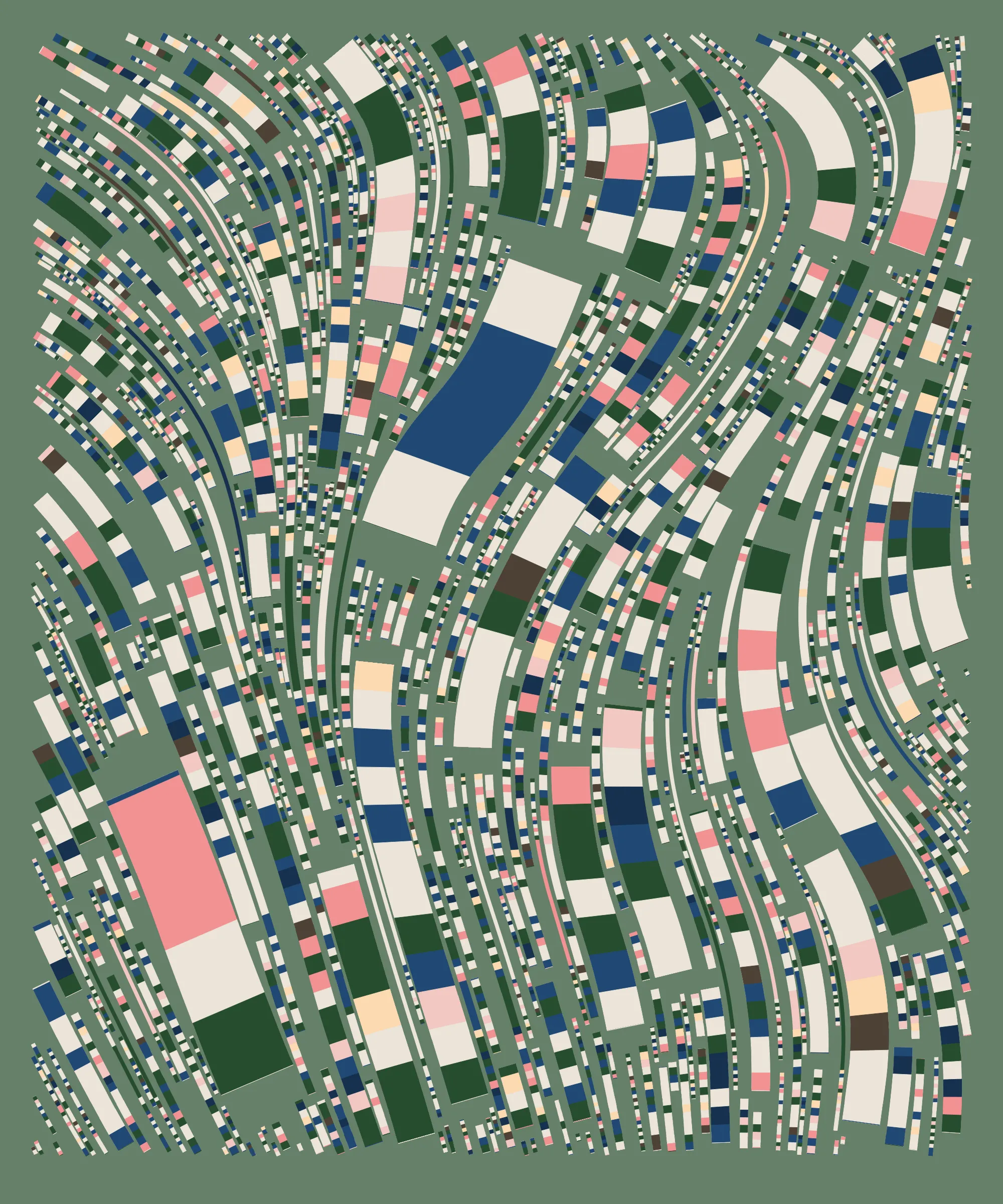 Fidenza is by far my most versatile algorithm to date. Although the program stays focused on structured curves and blocks, the varieties of scale, organization, texture, and color usage it can employ create a wide array of generative possibilities.
