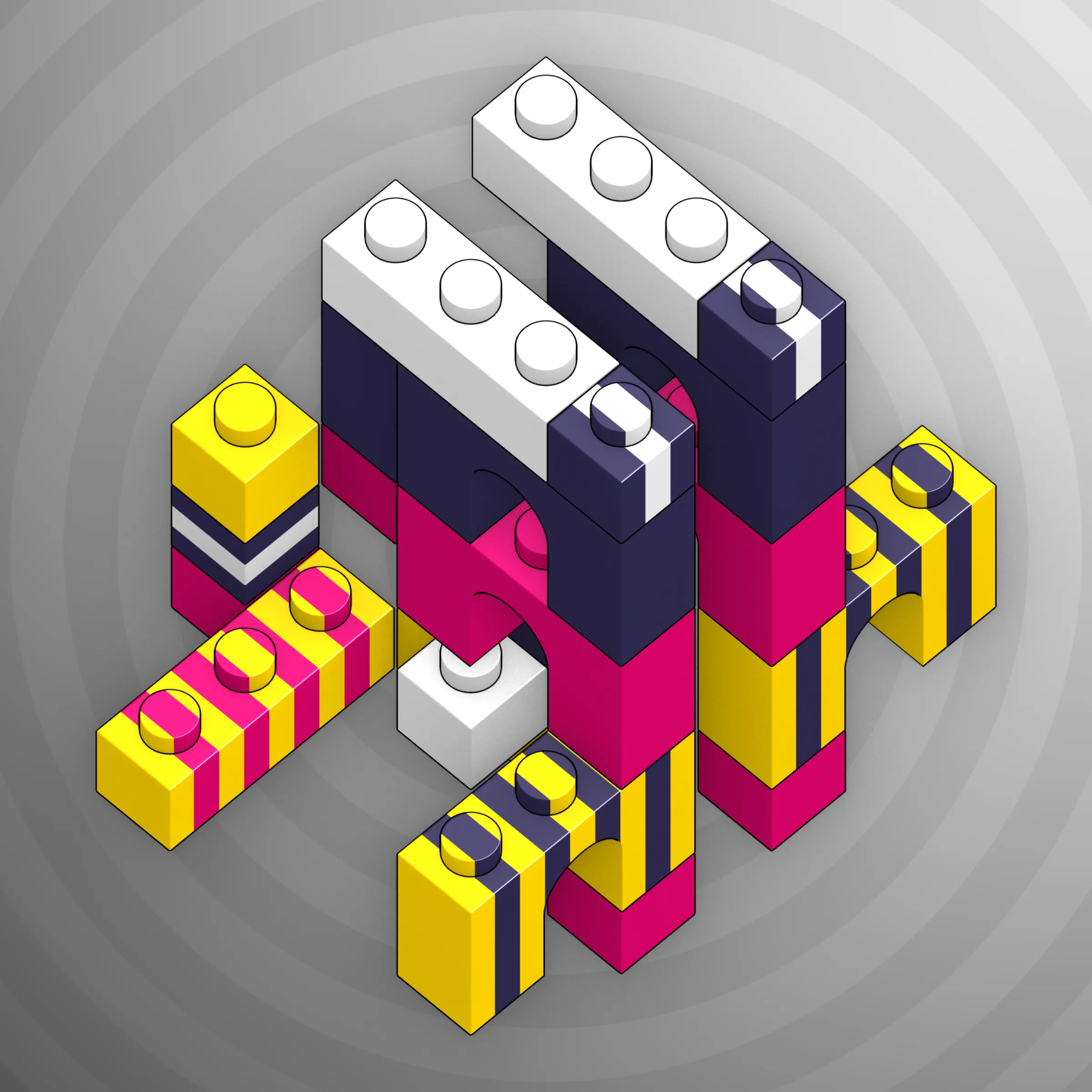 The project focuses on how easily one assigns meaning to seemingly random combinations of blocks, giving them personality and creating emotional connections.

I was inspired by Ringers, in which people see animals and other characters. I wanted to amplify this quality, and the idea of sculptures made of blocks clicked! Endless combinations, funny characters, and my passion for cubes, voxels, and modular systems.

To make the sculptures, I used technique of hybrid voxel raymarching, so we can say, the sculptures are made of colored void in a reflected space. Some of them may seem impossible due to the lack of perspective, but sooner or later it all clicks! It helps to keep in mind that all shapes are symmetrical.

The script uses modern features of GPU so it's supposed to work only on desktop: Chrome, Firefox or Safari