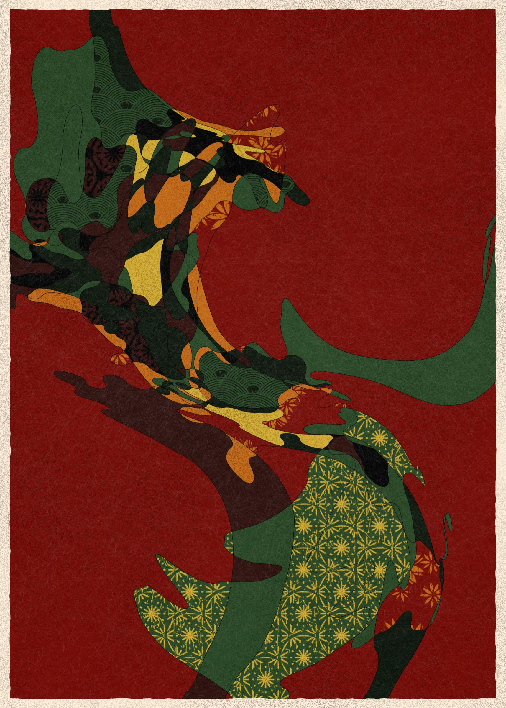 Memories of Qilin is inspired by traditional East Asian art. It channels the sense of movement and fluidity found in classical Chinese brushwork, while drawing from the colors, patterns, and forms of ukiyo-e woodblock prints. 

The series explores elements of folklore, evoking the mythological imagery of dragons, phoenixes, flowers, and mountains.  The title references a fabled chimerical beast found throughout East Asian mythology (while the qilin is its Chinese name, it is also known in Korea as the girin and Japan as the kirin) that represents prosperity and luck.

Viewers are invited to interpret elusive forms that verge on representation. As with the stories passed on through generations, each piece is imagined, organic, and ever-in-flux.