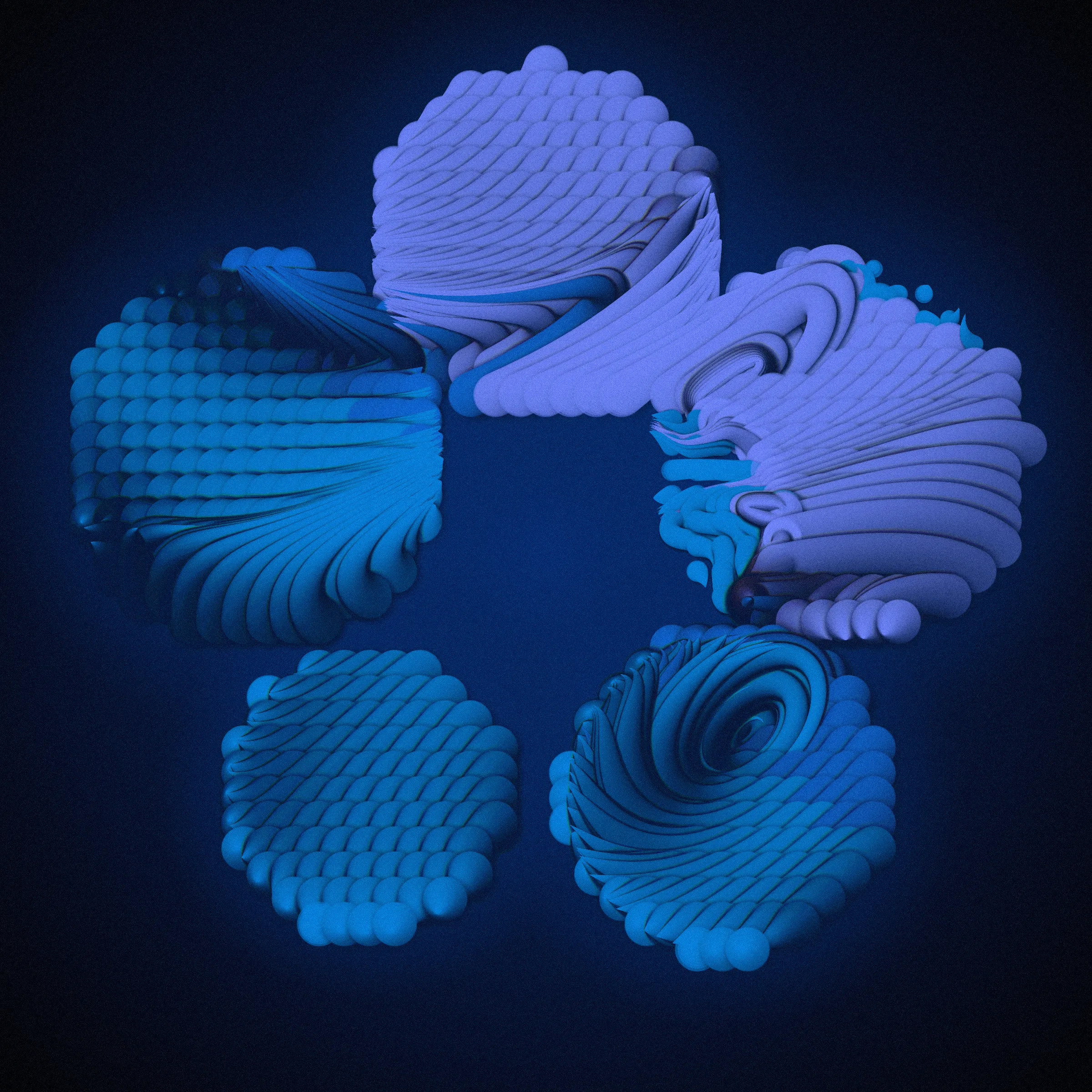 Drifting apart as the little islands that we are, you may ask yourself
_What is bigger - the inner space or the outer?_

This project was inspired by the multitudes we keep within us. The harsh shadows and the combination of pure 2d rendering with a 3d effect mimic feelings of separation from the rest of the world. Their undetermined scale reflects the seemingly unlimited depths of consciousness.

_The Inner World_ starts its rendering from one or more circular cores representing the centers of our personalities. Each of these cores spawns various thoughts and emotions, flowing as tendrils through the scene, making connections among themselves or reaching for the outside. Their movement ranges from straight and orderly to (seemingly) chaotic, sometimes twisting the clean underlying personality center into a completely different shape. Two rendering styles (illustrative and shaded) with palettes ranging from cool, gloomy and serious to cheerful or dramatic reflect the variety of predispositions.

While waiting for the rendering to complete, look at the focus animation highlighting the circular cores of your piece. You're invited to spend this time pondering how everything you know, everything you have or will ever experience, and even the most majestic sights from stars to microbes fit into the space between your ears.