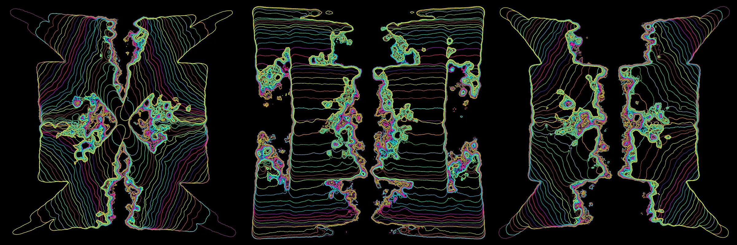 Primordial presents forms as diverse as those found in the natural world. The emergent system powering Primordial is capable of generating this diversity but is hard to control. After the initial generation there is a curation step; forms must meet certain criteria or the algorithm replaces them.

The forms produced by Primordial are presented in a triptych, as comparing multiple outputs is fundamental to understanding a generative algorithm. Primordial attempts to generate triptychs where the individual forms are related, and the results can be surprisingly harmonious or discordant.

Once the triptych is finalized, click on one of the forms to redraw a previous image. Press s to save the entire triptych, or 1-3 to save an individual image.
