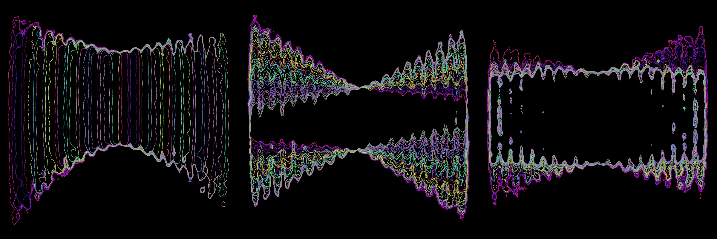 Primordial presents forms as diverse as those found in the natural world. The emergent system powering Primordial is capable of generating this diversity but is hard to control. After the initial generation there is a curation step; forms must meet certain criteria or the algorithm replaces them.

The forms produced by Primordial are presented in a triptych, as comparing multiple outputs is fundamental to understanding a generative algorithm. Primordial attempts to generate triptychs where the individual forms are related, and the results can be surprisingly harmonious or discordant.

Once the triptych is finalized, click on one of the forms to redraw a previous image. Press s to save the entire triptych, or 1-3 to save an individual image.