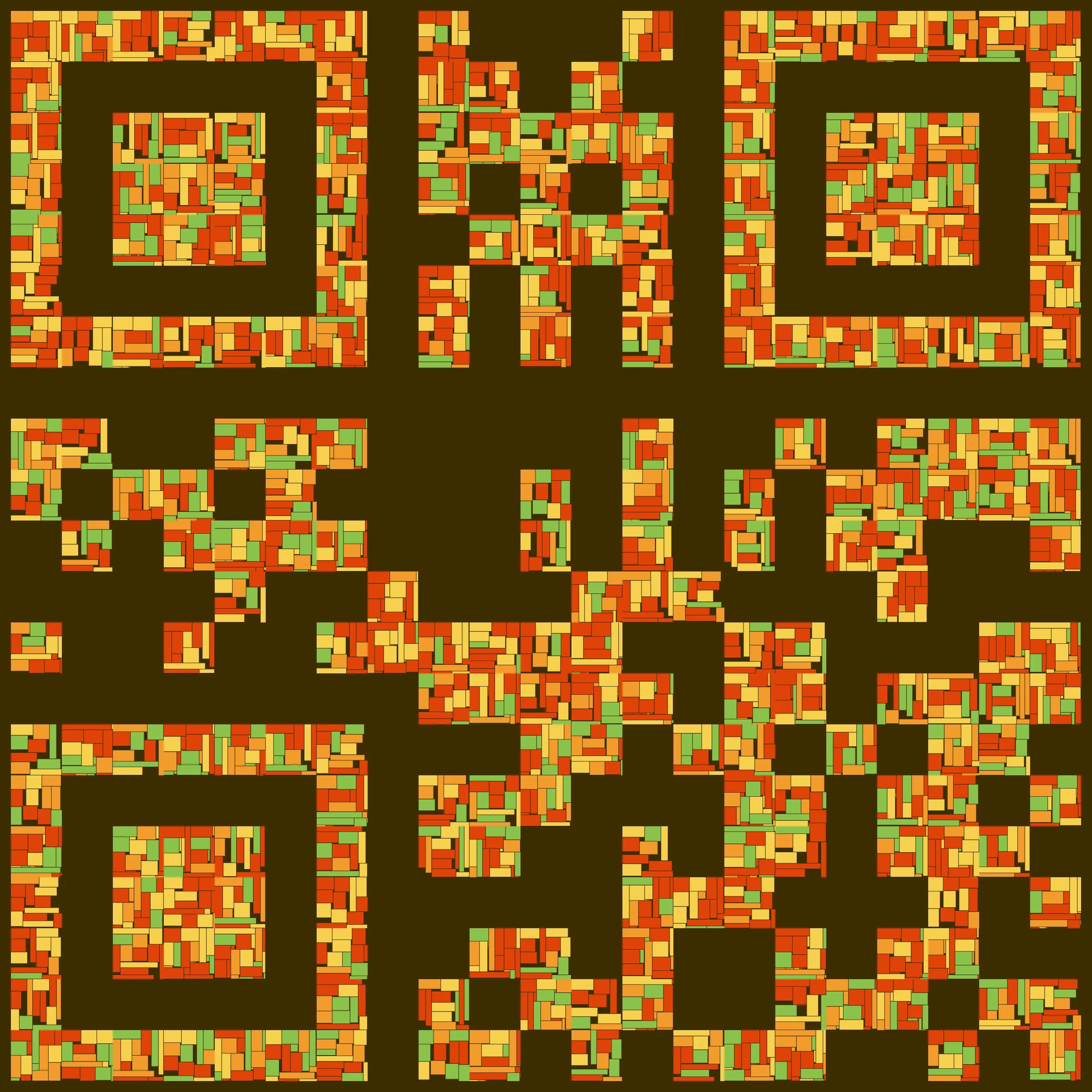 Recursion is a generative art project whose concept is recursion. Each variation starts with a block which is irregularly divided into smaller blocks, which are then divided into smaller blocks, which are then divided into smaller blocks, etc, based on a defined depth (to better visualize this concept, take a look at https://hevey.art/blog/recursion-concept). In this project, even the script is recursive! The script is able to generate a large number of variations and each of these variations is then able to generate its own variations (keeping the same properties) with a single click on the image.