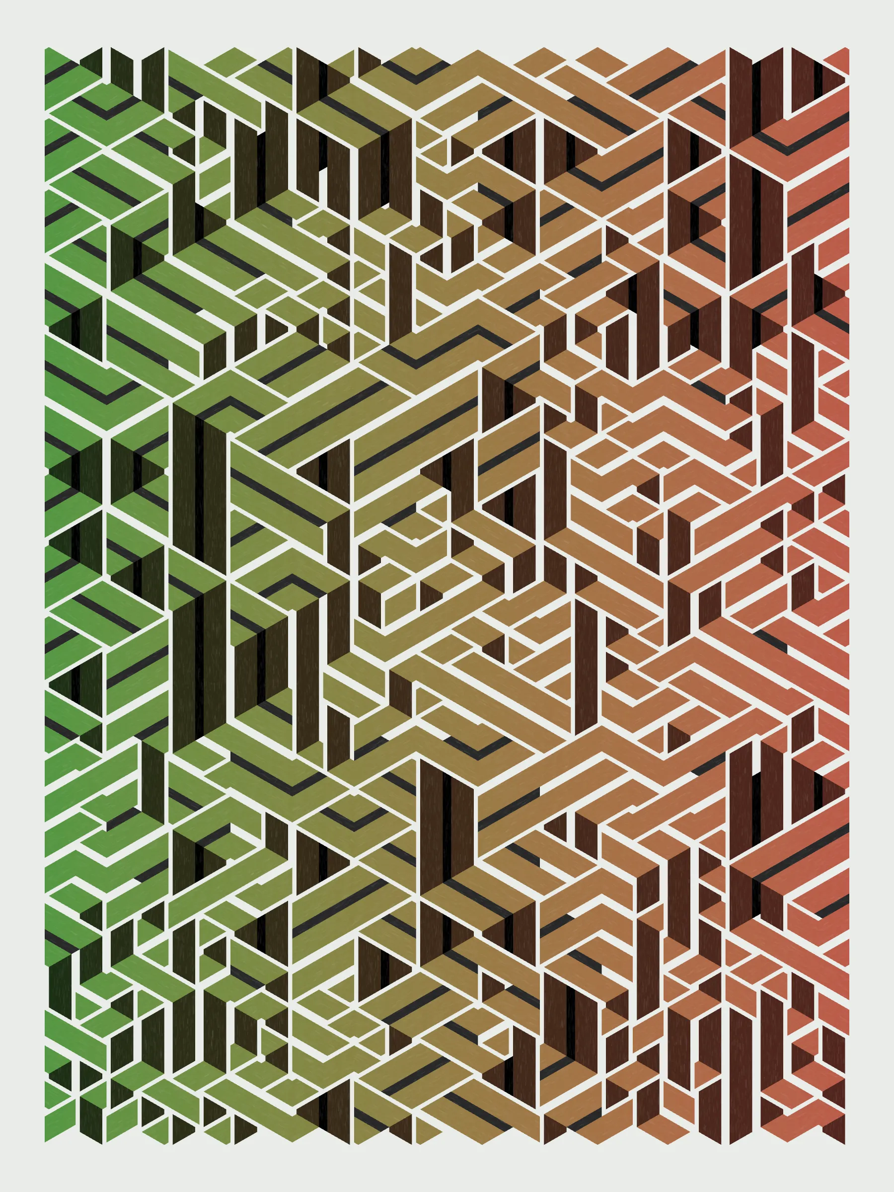 Lines are bent and shaded. There are no wrong turns. 

[Interaction in live view: press 1-7 or left/right arrow keys to see the stages of sketch construction: 1-grid, 2-divide, 3-tile, 4-bend, 5-shade, 6-color, 7-texture].