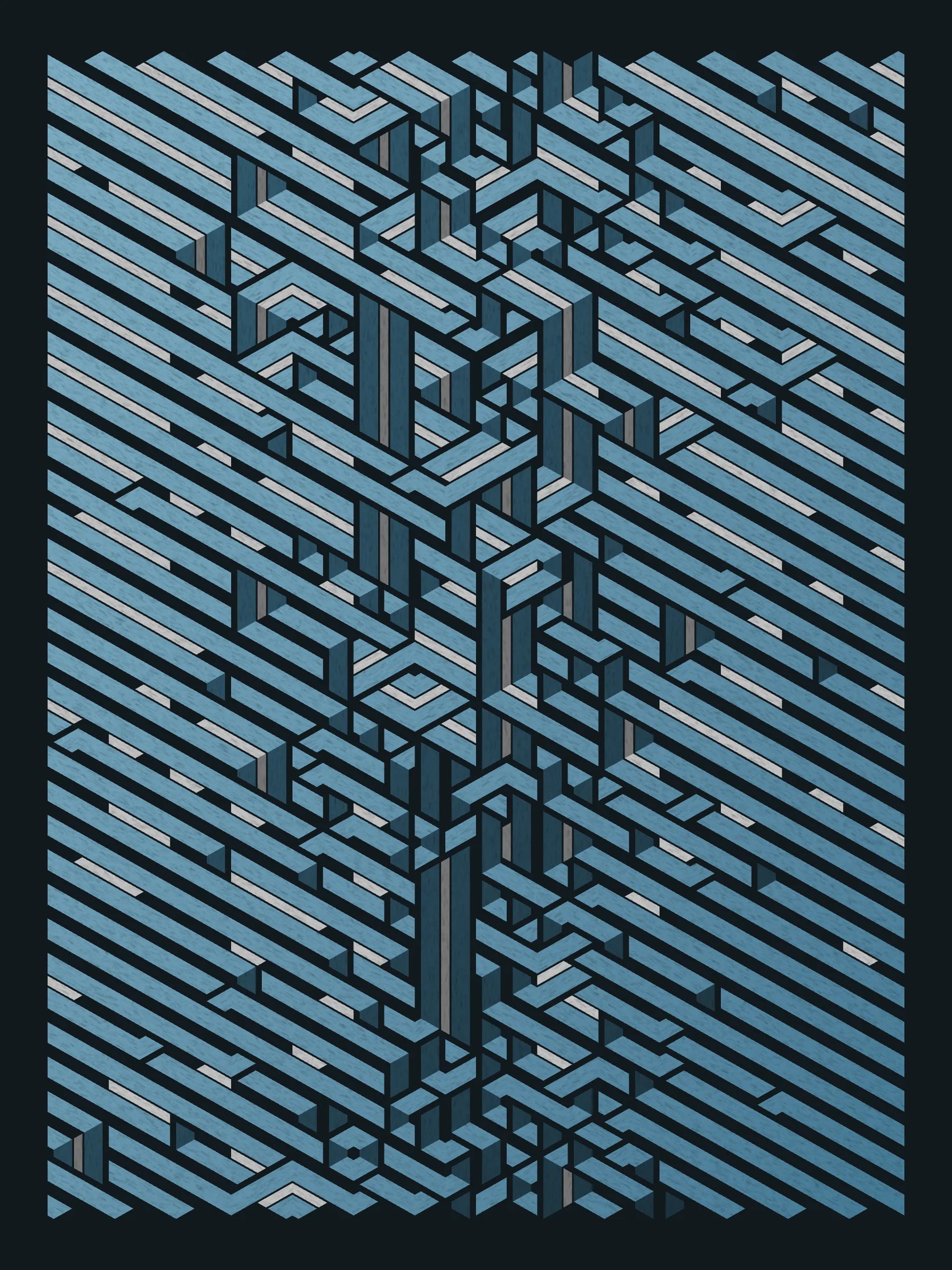 Lines are bent and shaded. There are no wrong turns. 

[Interaction in live view: press 1-7 or left/right arrow keys to see the stages of sketch construction: 1-grid, 2-divide, 3-tile, 4-bend, 5-shade, 6-color, 7-texture].