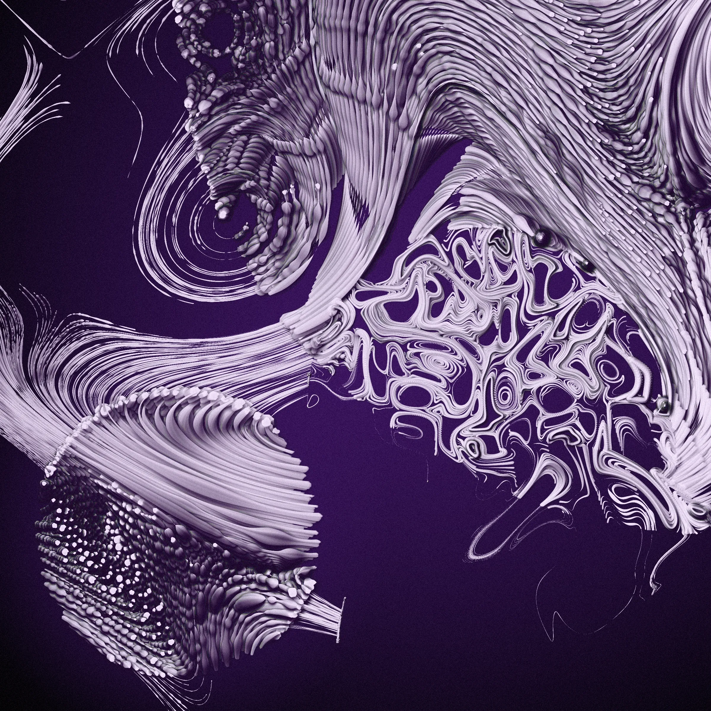 Drifting apart as the little islands that we are, you may ask yourself
_What is bigger - the inner space or the outer?_

This project was inspired by the multitudes we keep within us. The harsh shadows and the combination of pure 2d rendering with a 3d effect mimic feelings of separation from the rest of the world. Their undetermined scale reflects the seemingly unlimited depths of consciousness.

_The Inner World_ starts its rendering from one or more circular cores representing the centers of our personalities. Each of these cores spawns various thoughts and emotions, flowing as tendrils through the scene, making connections among themselves or reaching for the outside. Their movement ranges from straight and orderly to (seemingly) chaotic, sometimes twisting the clean underlying personality center into a completely different shape. Two rendering styles (illustrative and shaded) with palettes ranging from cool, gloomy and serious to cheerful or dramatic reflect the variety of predispositions.

While waiting for the rendering to complete, look at the focus animation highlighting the circular cores of your piece. You're invited to spend this time pondering how everything you know, everything you have or will ever experience, and even the most majestic sights from stars to microbes fit into the space between your ears.