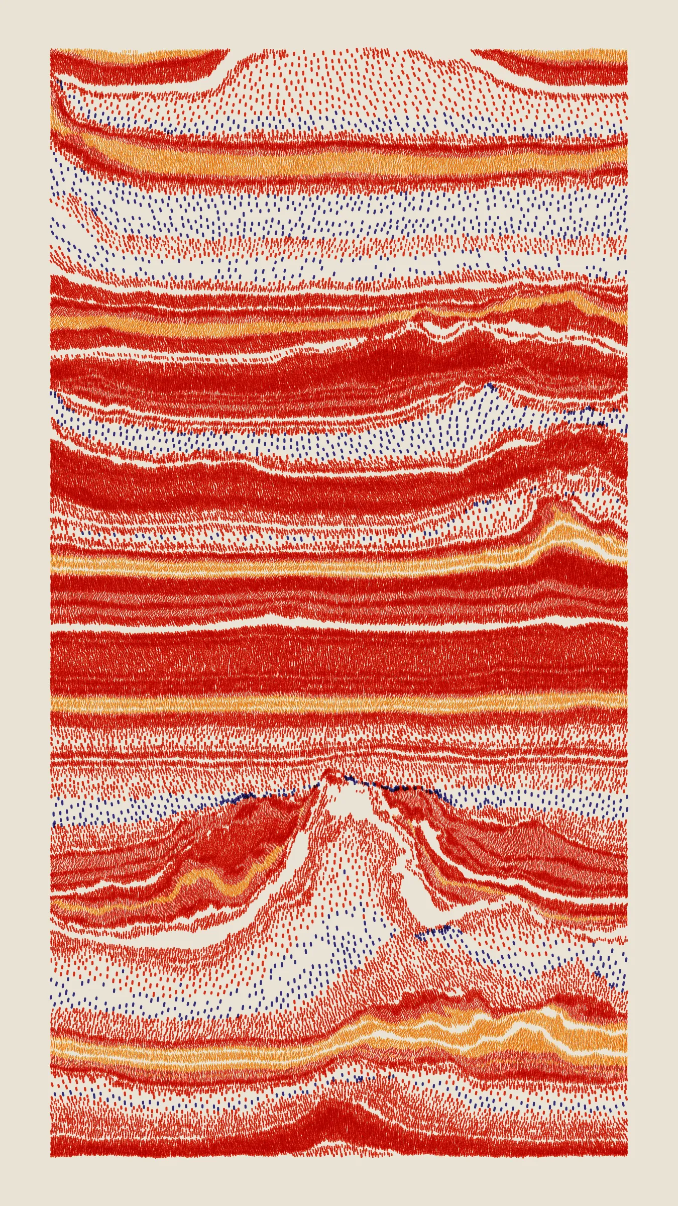 Stratified landforms constructed from many small strokes of colour. The hash of each token describes a coordinate within a multidimensional generative space, locating a unique composition that lies along one of many possible longitudes.