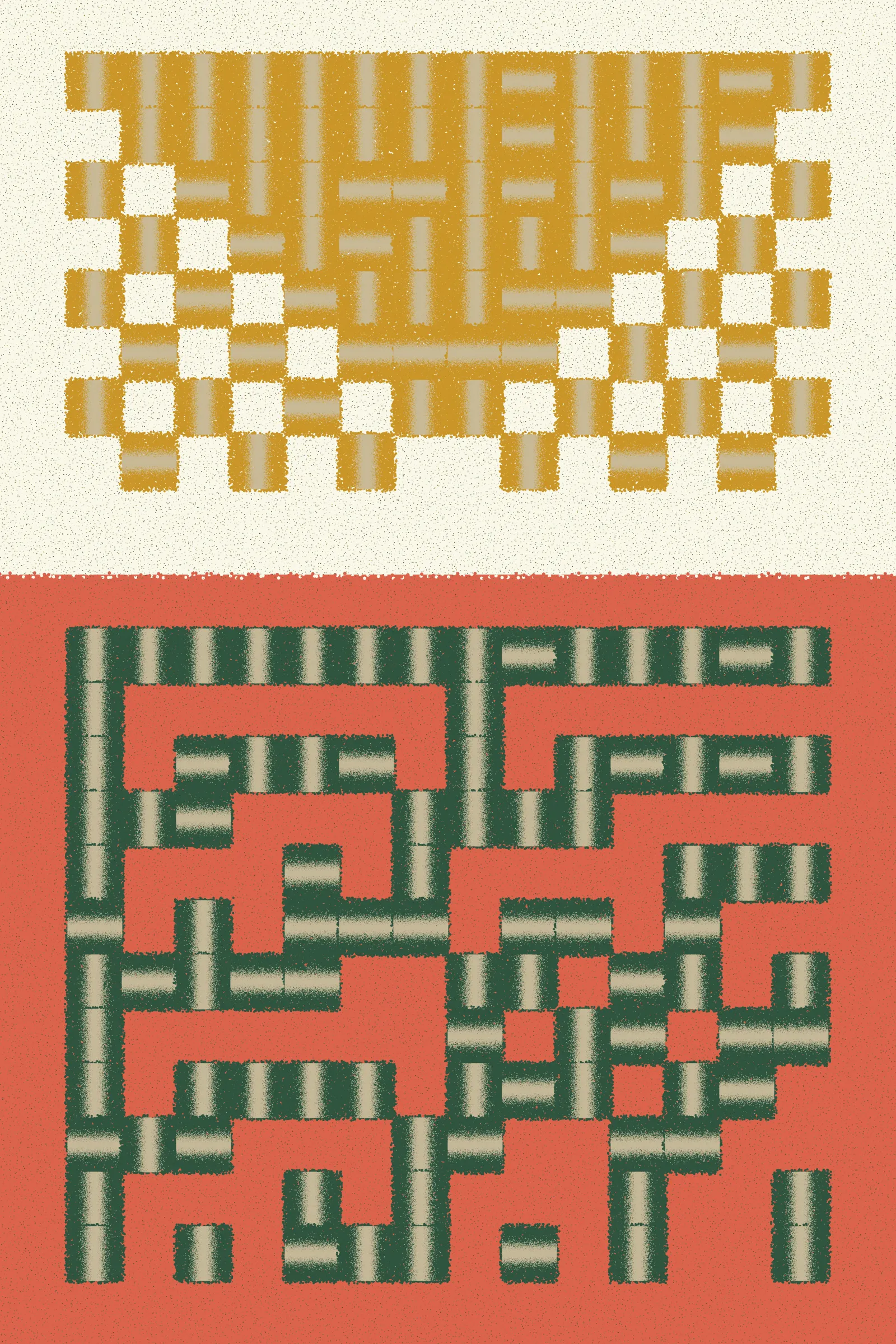 Fermented Fruit is a generative art series designed to live on the Ethereum blockchain and to be rendered in real-time by the browser. Just as food is transformed by microorganisms during the process of fermentation, the substrate of the HTML canvas is broken up into parts and transformed by cellular patterns. The project features the simulated lifeforms of cellular automata that evolve and shape-shift down an asymmetrical grid. The final artwork juxtaposes a number of textured cellular automata patterns against one another within a singular composition.