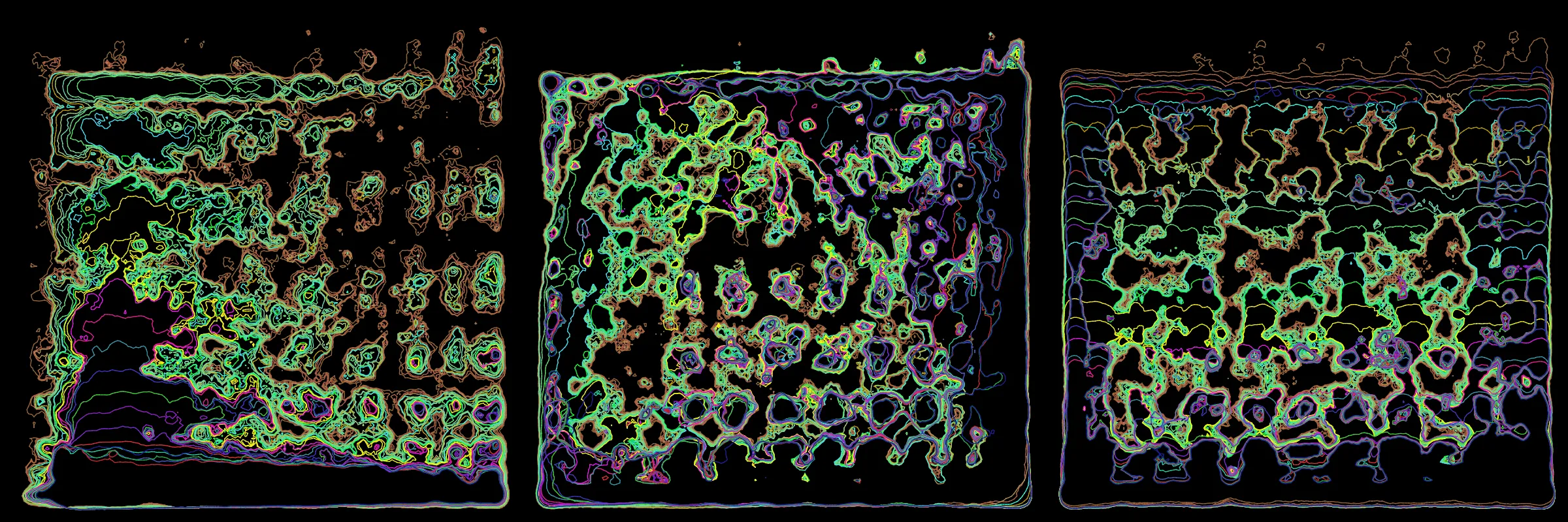 Primordial presents forms as diverse as those found in the natural world. The emergent system powering Primordial is capable of generating this diversity but is hard to control. After the initial generation there is a curation step; forms must meet certain criteria or the algorithm replaces them.

The forms produced by Primordial are presented in a triptych, as comparing multiple outputs is fundamental to understanding a generative algorithm. Primordial attempts to generate triptychs where the individual forms are related, and the results can be surprisingly harmonious or discordant.

Once the triptych is finalized, click on one of the forms to redraw a previous image. Press s to save the entire triptych, or 1-3 to save an individual image.