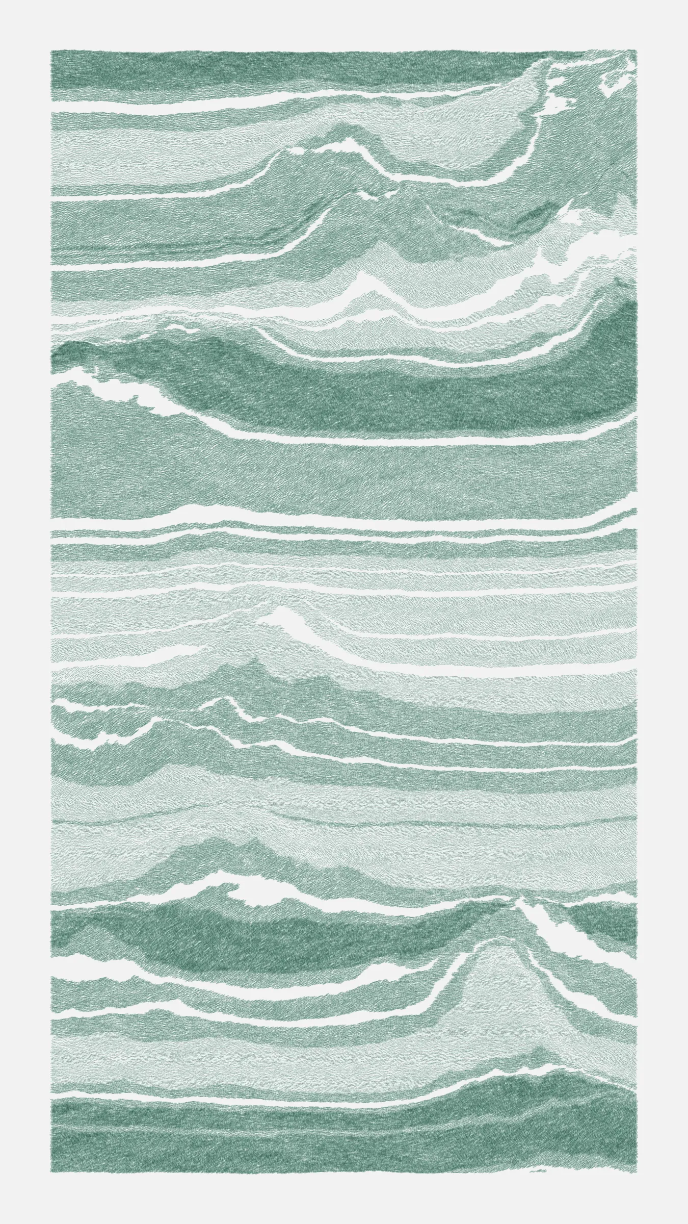 Stratified landforms constructed from many small strokes of colour. The hash of each token describes a coordinate within a multidimensional generative space, locating a unique composition that lies along one of many possible longitudes.