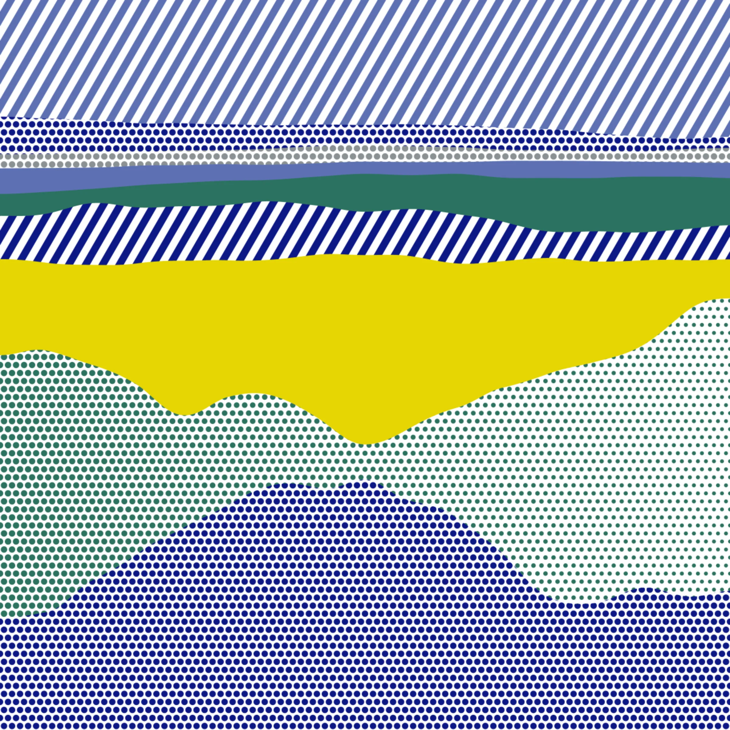 An ode to Roy Lichtenstein, incorporating his iconic version of Ben-Day dots, halftone dots, angled stripes, and solid color patches. Inspired by Roy's sea and landscape paintings, each artwork generates a unique combination of patterns, shapes, and colors.