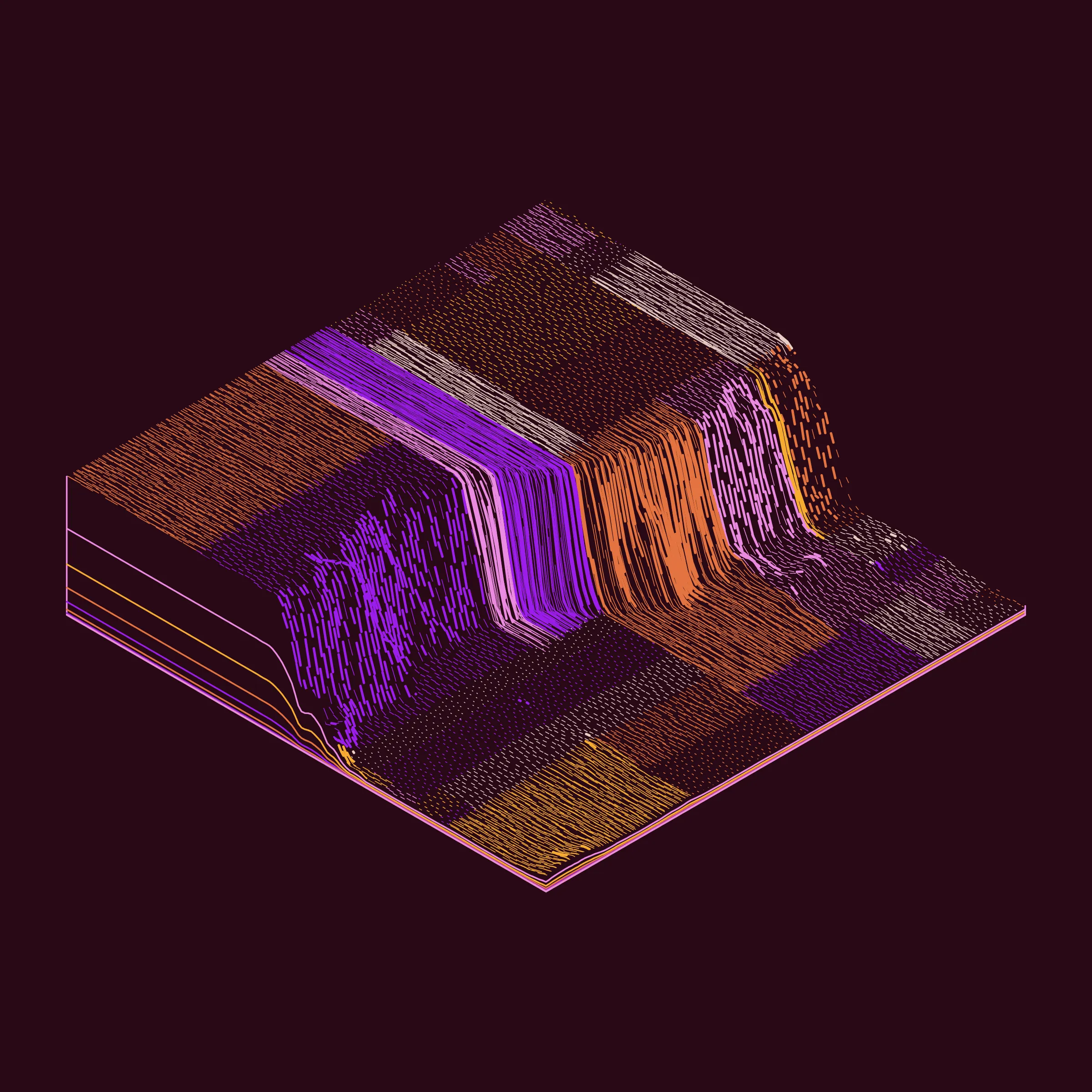 A generative algorithm that draws the impression of a landscape from a multitude of possibilities. The unique seed from each token drives the parametric assortment of lines, colors, and forms into a constructed composition.