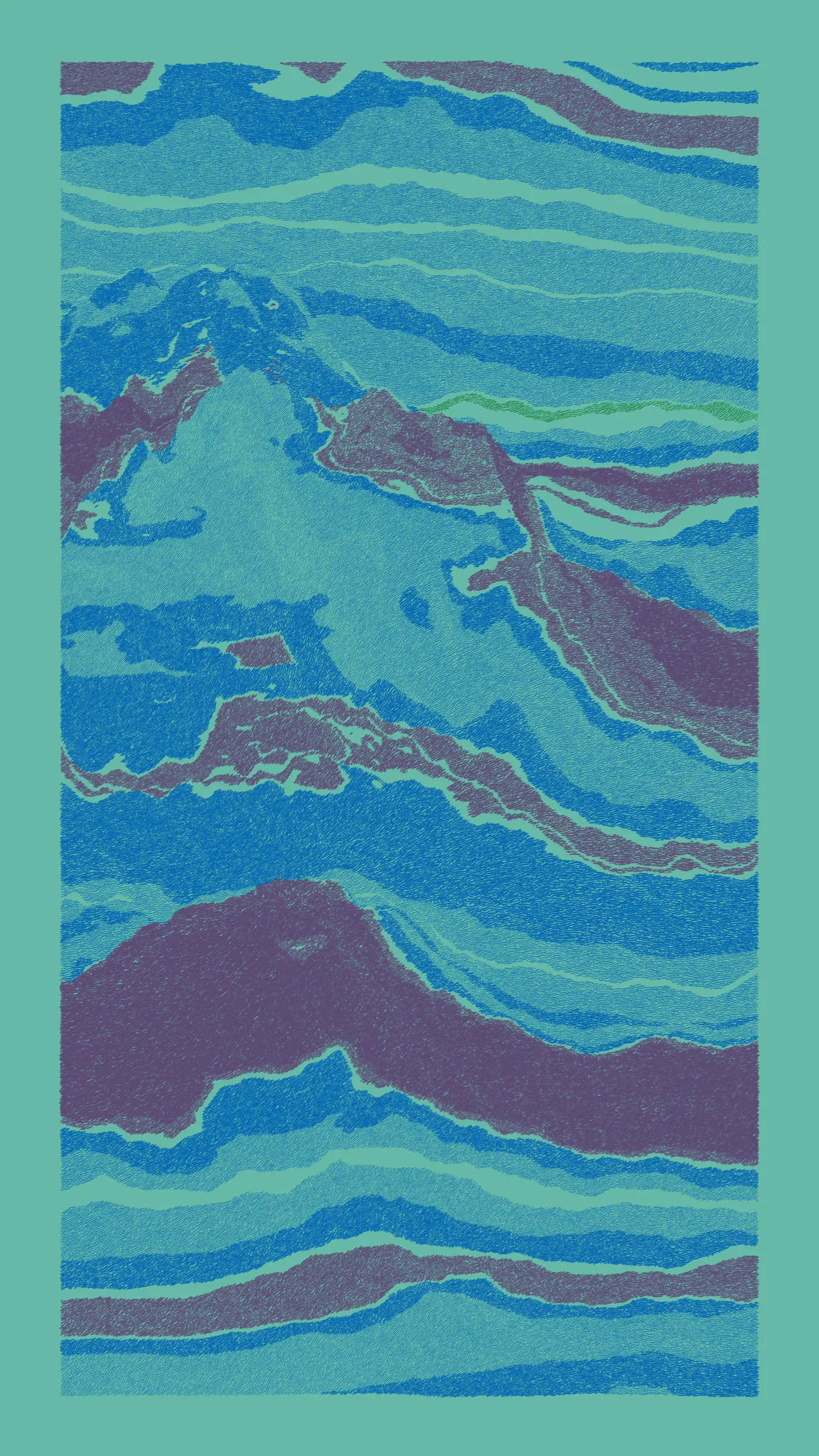 Stratified landforms constructed from many small strokes of colour. The hash of each token describes a coordinate within a multidimensional generative space, locating a unique composition that lies along one of many possible longitudes.