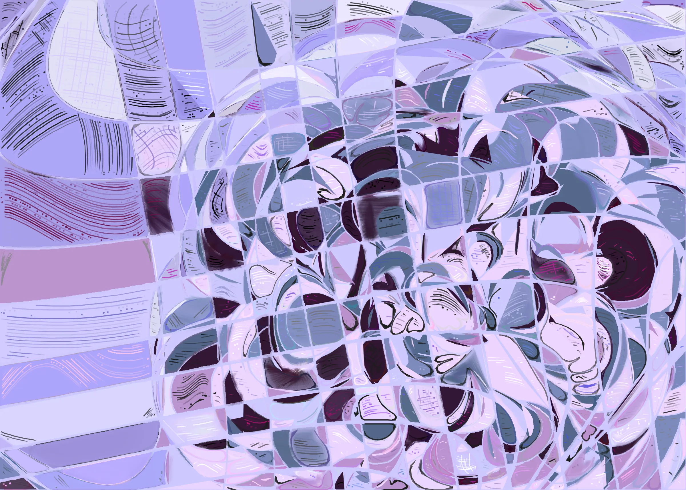 **Running Moon** depicts the nuanced interaction between clouds and moonlight. It is a search for boundaries between structure and fluidity, precision and errors. It is a quest for harmony. 

The rendering of **Running Moon** is inspired by stained glass and watercolor. It captures the sharpness of the glass and the softness of light using abstract forms. As organic shapes gradually expand to fill the space, brush-pen-like stripes solder these pieces together to form intricate compositions.