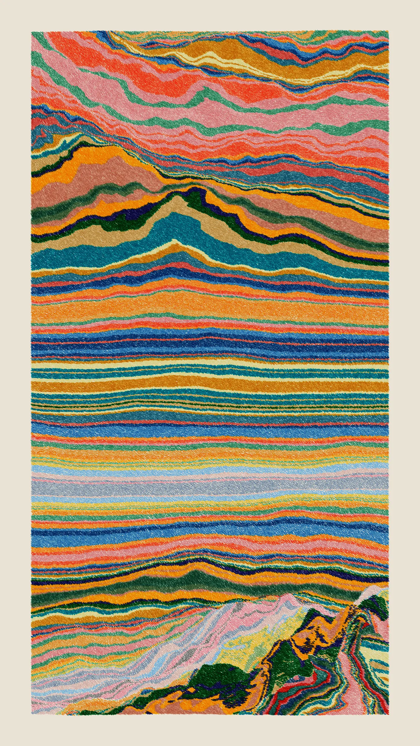 Stratified landforms constructed from many small strokes of colour. The hash of each token describes a coordinate within a multidimensional generative space, locating a unique composition that lies along one of many possible longitudes.