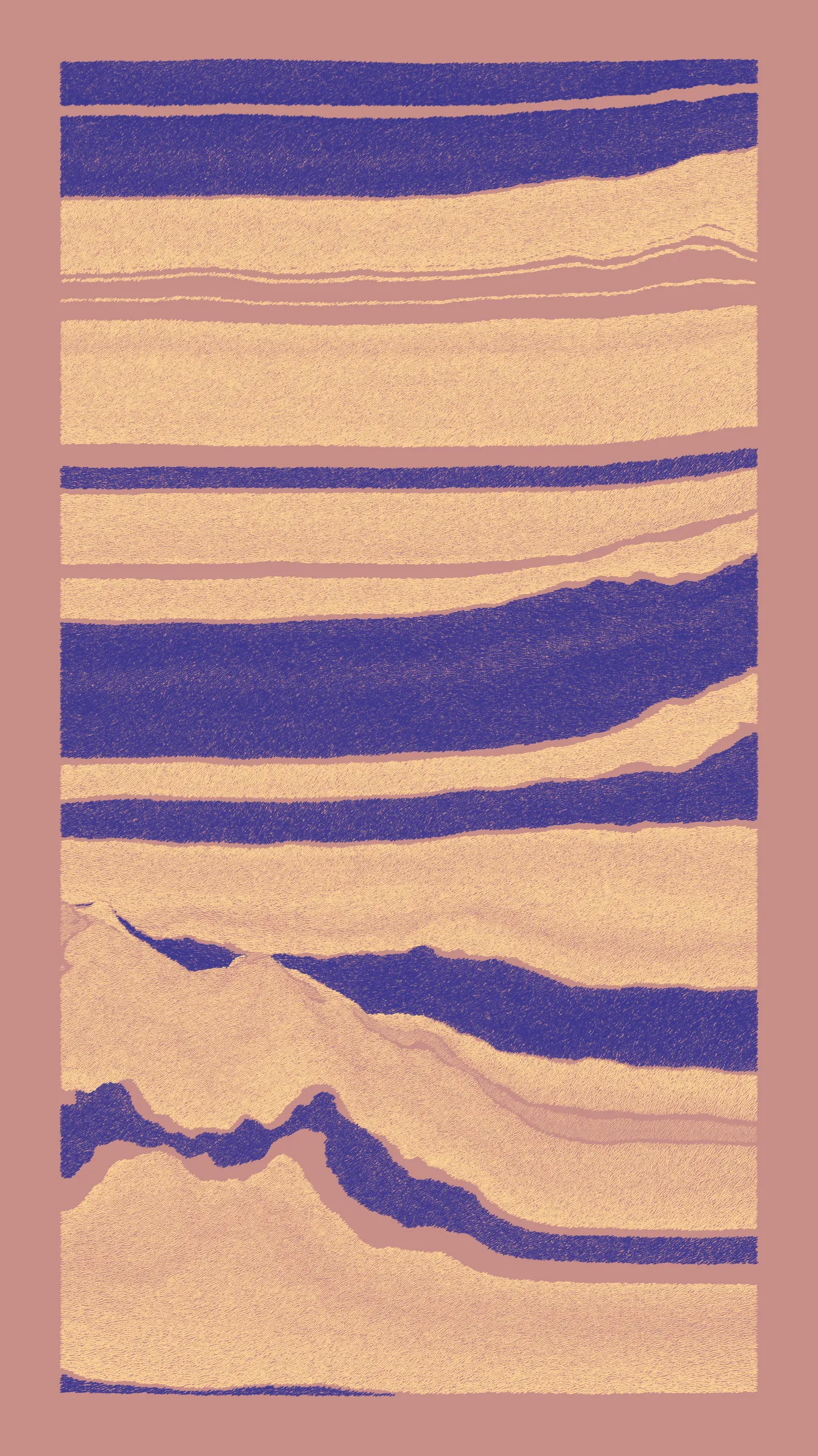 Stratified landforms constructed from many small strokes of colour. The hash of each token describes a coordinate within a multidimensional generative space, locating a unique composition that lies along one of many possible longitudes.