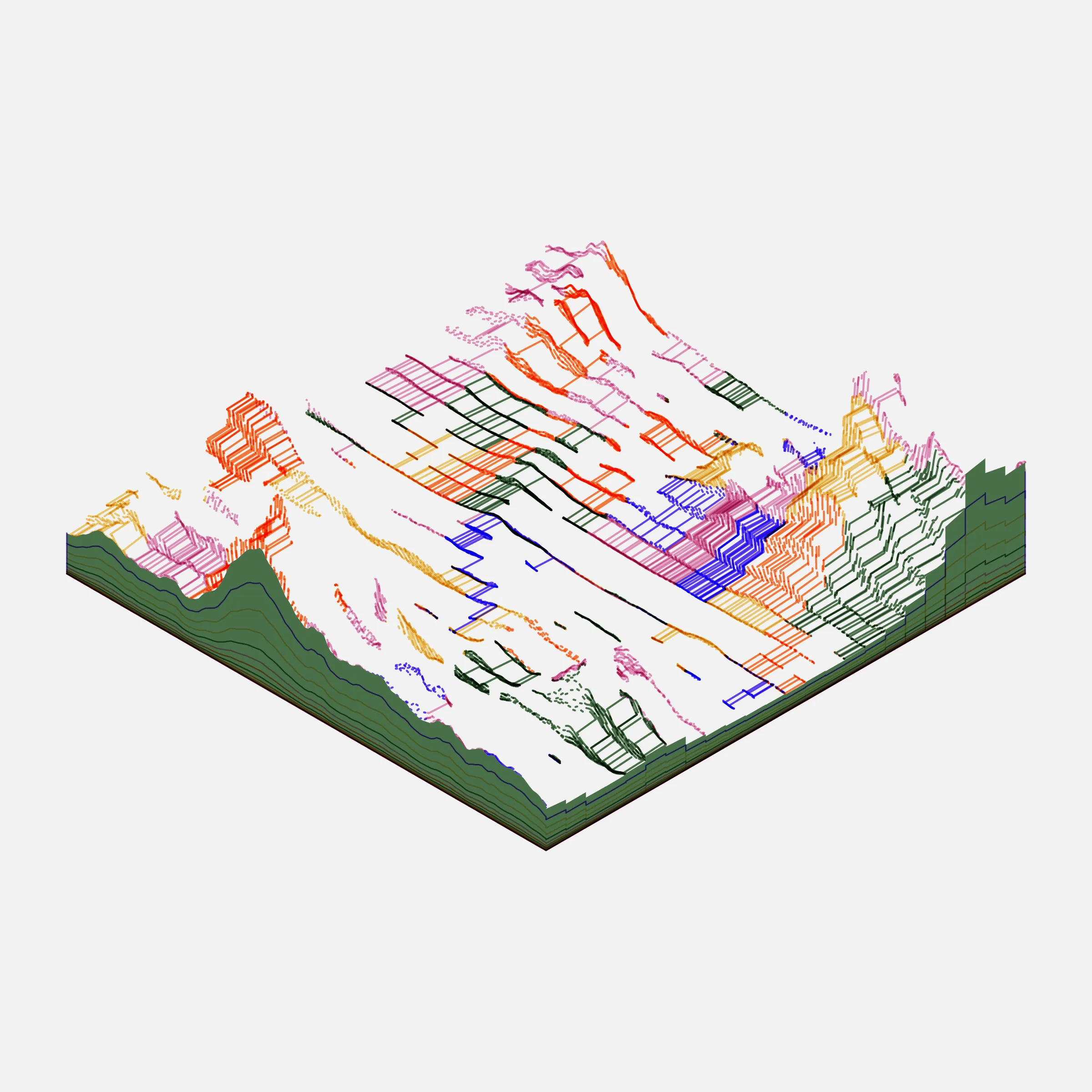 A generative algorithm that draws the impression of a landscape from a multitude of possibilities. The unique seed from each token drives the parametric assortment of lines, colors, and forms into a constructed composition.