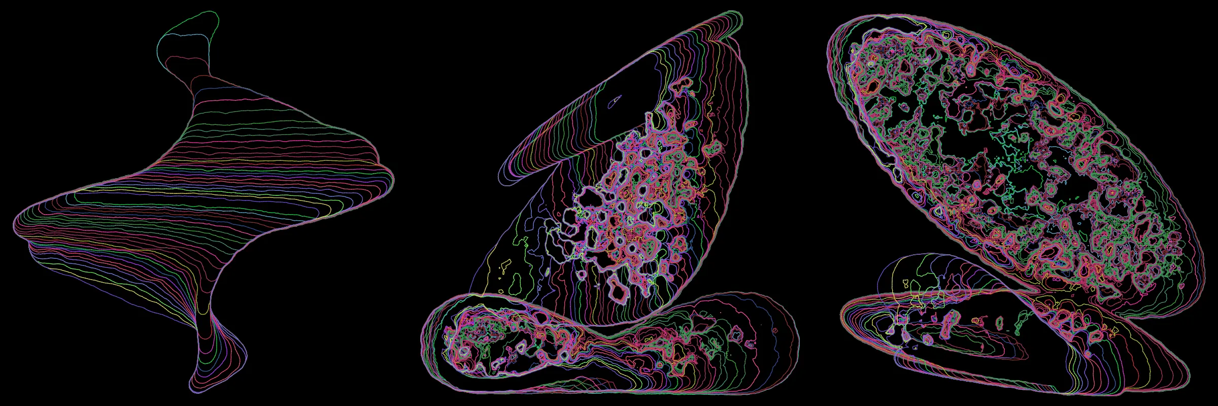 Primordial presents forms as diverse as those found in the natural world. The emergent system powering Primordial is capable of generating this diversity but is hard to control. After the initial generation there is a curation step; forms must meet certain criteria or the algorithm replaces them.

The forms produced by Primordial are presented in a triptych, as comparing multiple outputs is fundamental to understanding a generative algorithm. Primordial attempts to generate triptychs where the individual forms are related, and the results can be surprisingly harmonious or discordant.

Once the triptych is finalized, click on one of the forms to redraw a previous image. Press s to save the entire triptych, or 1-3 to save an individual image.