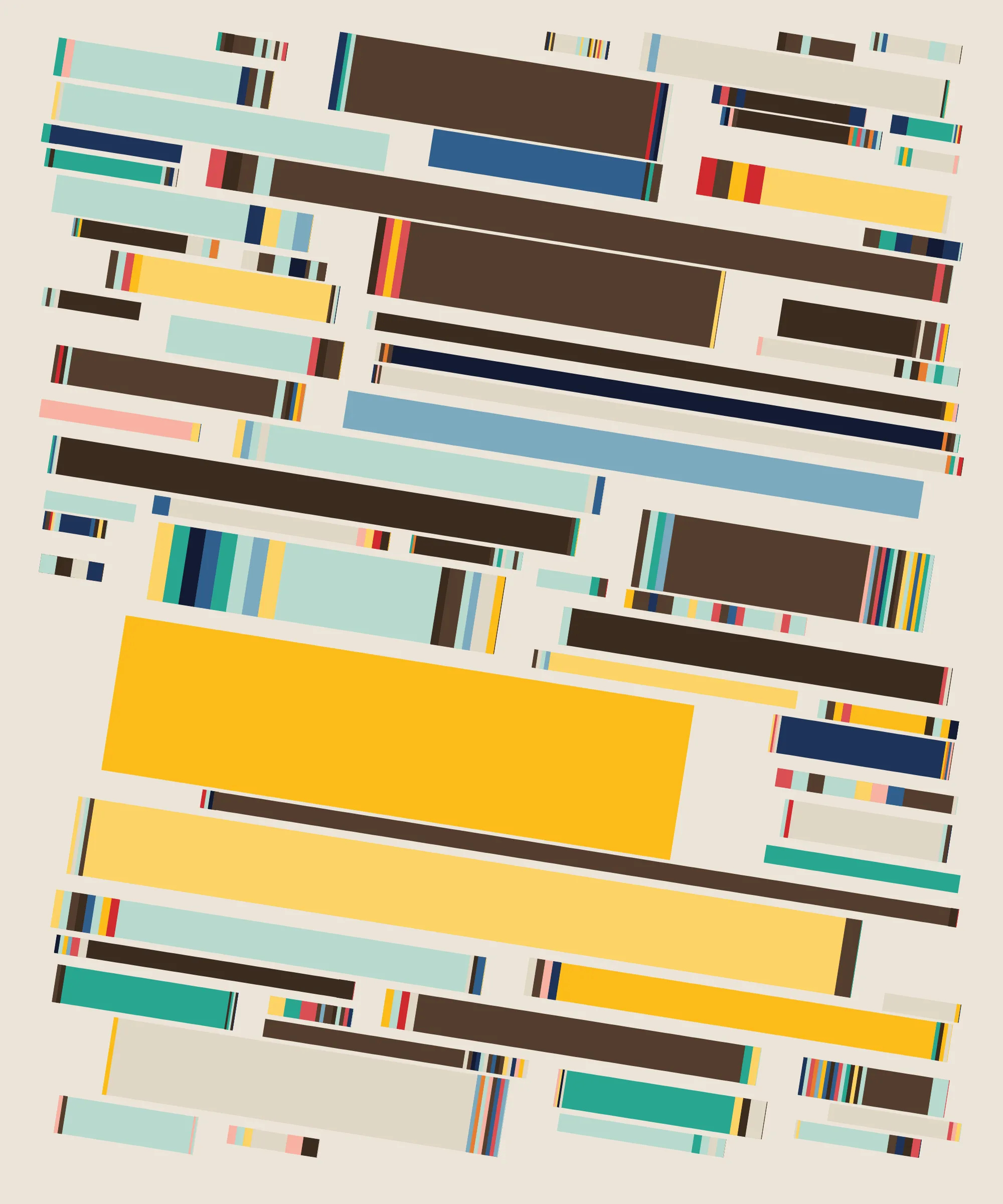 Fidenza is by far my most versatile algorithm to date. Although the program stays focused on structured curves and blocks, the varieties of scale, organization, texture, and color usage it can employ create a wide array of generative possibilities.