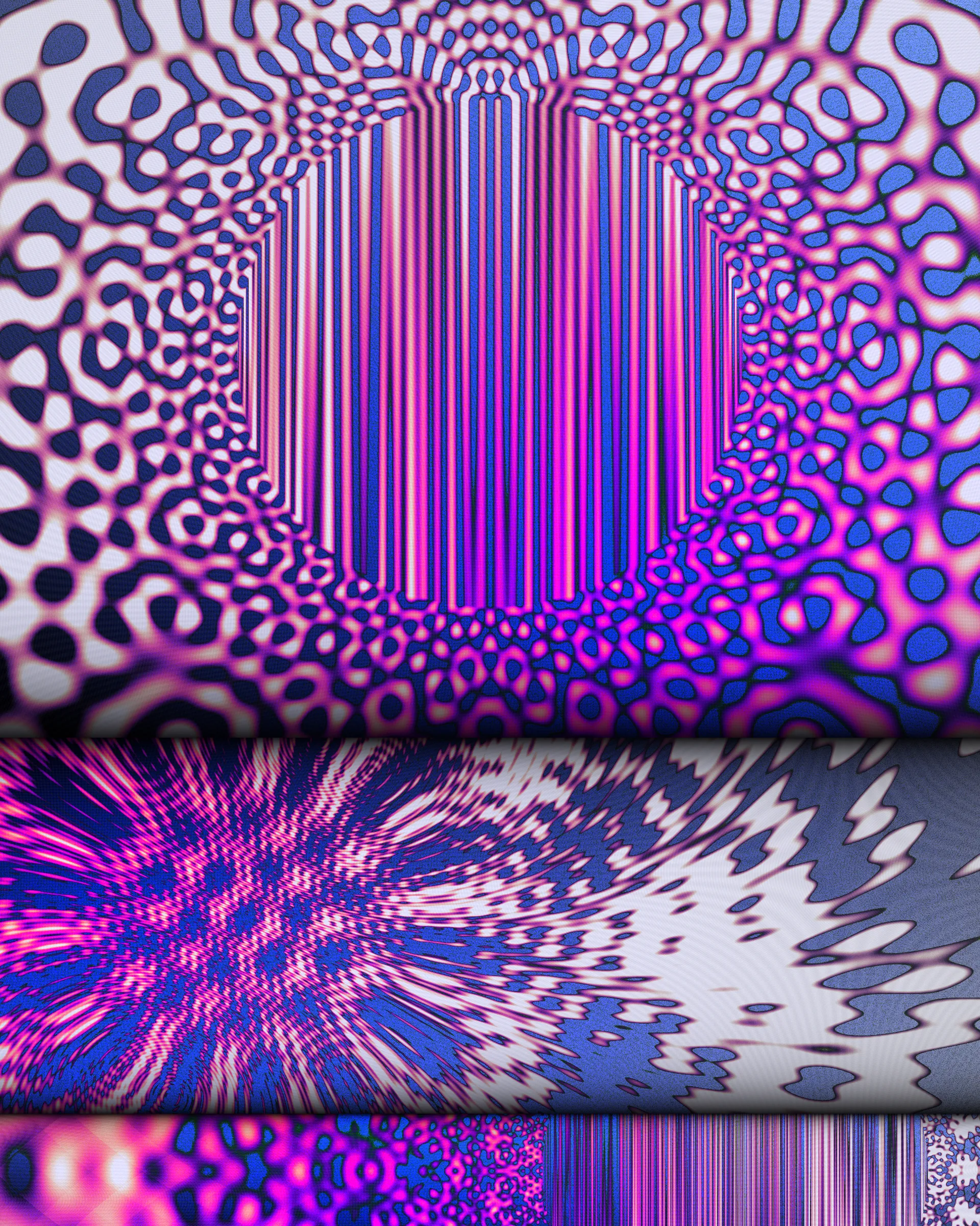 A photon is a particle representing a quantum of light. Because it travels at the speed-of-light, time and space as we understand it do not exist for this elementary particle. The Big Bang was less than an instant ago for the photon and yet it has already traversed the cosmos. Time and space to it is what? It's hard to say. The word non-dual comes to mind.

Some components in Photon’s Dream look like images from an electron microscope. Other parts have a more cosmic or planetary vista. Juxtaposing both creates tension and intrigue where the boundary between fine texture and grand architecture becomes blurred.

The expression ‘One in all: all in one’ is somehow embodied in the wavefield primitives used to make this art. Art that aspires to create both holistic simplicity and the mystery of deep complexity. The quasicrystal and hyperbolic geometry employed here are subjects to the artist that express what is beyond macro and micro, internal and external and ultimately self and other.