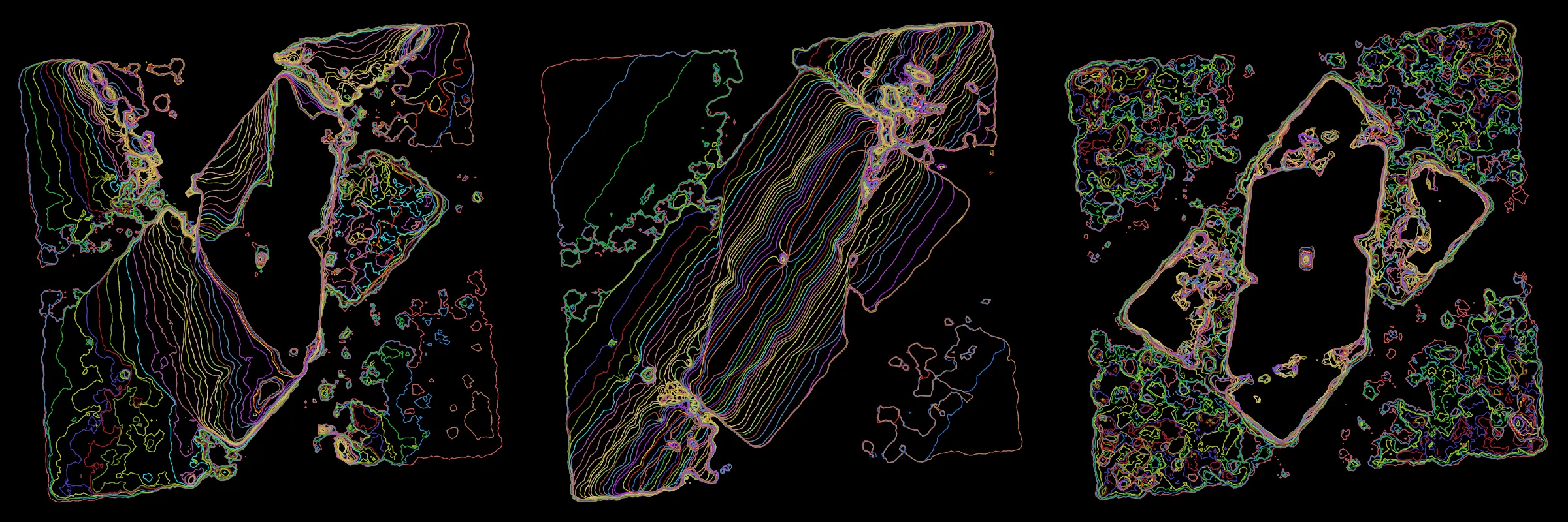 Primordial presents forms as diverse as those found in the natural world. The emergent system powering Primordial is capable of generating this diversity but is hard to control. After the initial generation there is a curation step; forms must meet certain criteria or the algorithm replaces them.

The forms produced by Primordial are presented in a triptych, as comparing multiple outputs is fundamental to understanding a generative algorithm. Primordial attempts to generate triptychs where the individual forms are related, and the results can be surprisingly harmonious or discordant.

Once the triptych is finalized, click on one of the forms to redraw a previous image. Press s to save the entire triptych, or 1-3 to save an individual image.