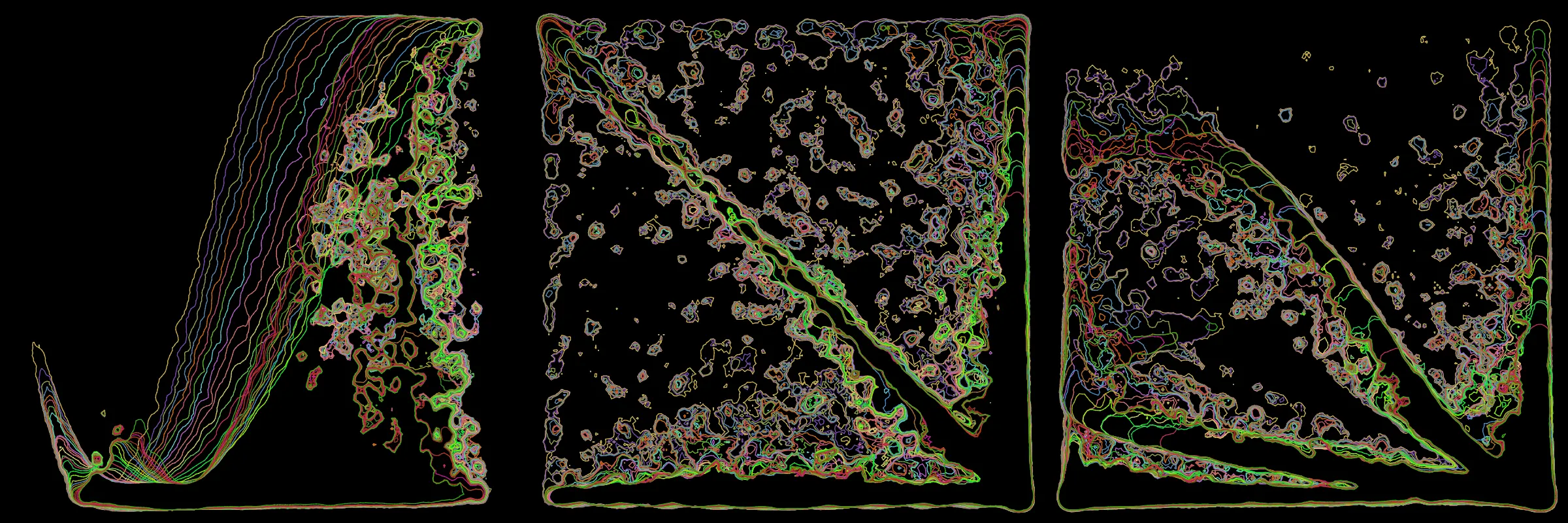 Primordial presents forms as diverse as those found in the natural world. The emergent system powering Primordial is capable of generating this diversity but is hard to control. After the initial generation there is a curation step; forms must meet certain criteria or the algorithm replaces them.

The forms produced by Primordial are presented in a triptych, as comparing multiple outputs is fundamental to understanding a generative algorithm. Primordial attempts to generate triptychs where the individual forms are related, and the results can be surprisingly harmonious or discordant.

Once the triptych is finalized, click on one of the forms to redraw a previous image. Press s to save the entire triptych, or 1-3 to save an individual image.