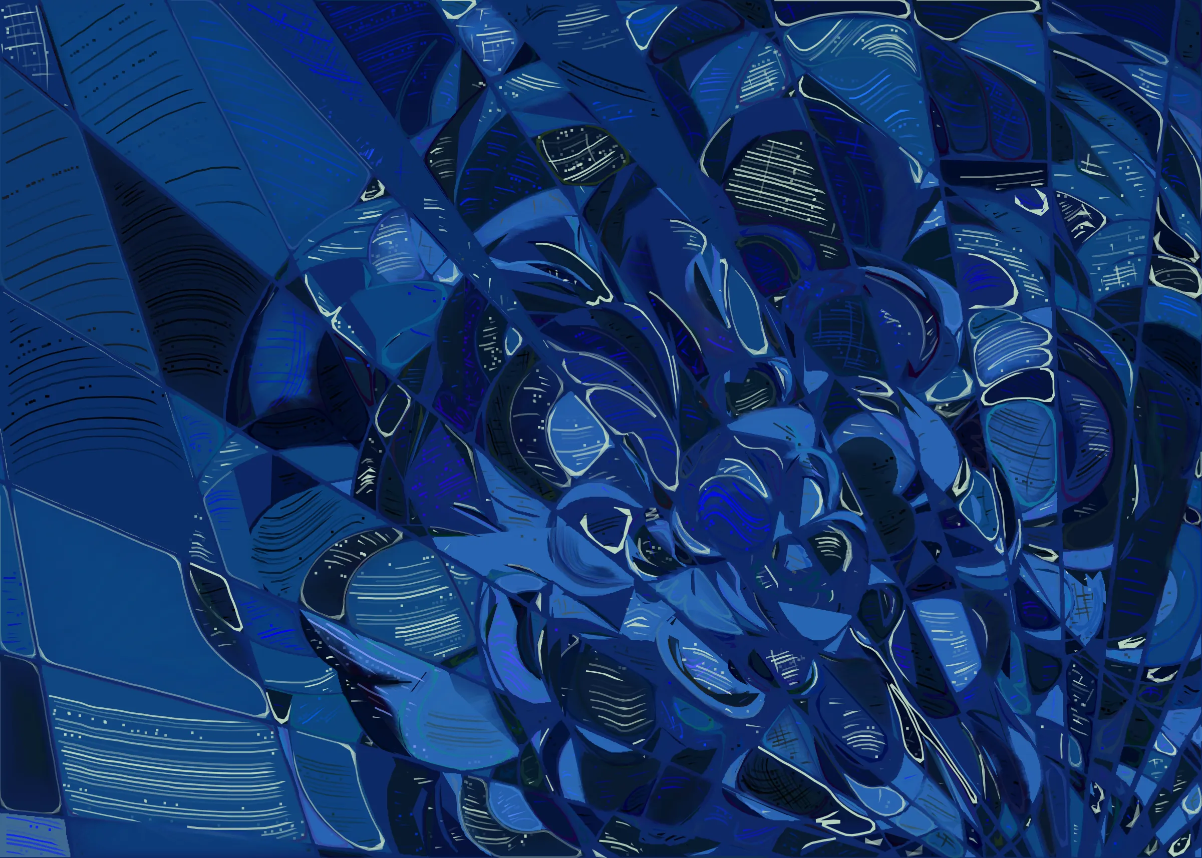 **Running Moon** depicts the nuanced interaction between clouds and moonlight. It is a search for boundaries between structure and fluidity, precision and errors. It is a quest for harmony. 

The rendering of **Running Moon** is inspired by stained glass and watercolor. It captures the sharpness of the glass and the softness of light using abstract forms. As organic shapes gradually expand to fill the space, brush-pen-like stripes solder these pieces together to form intricate compositions.