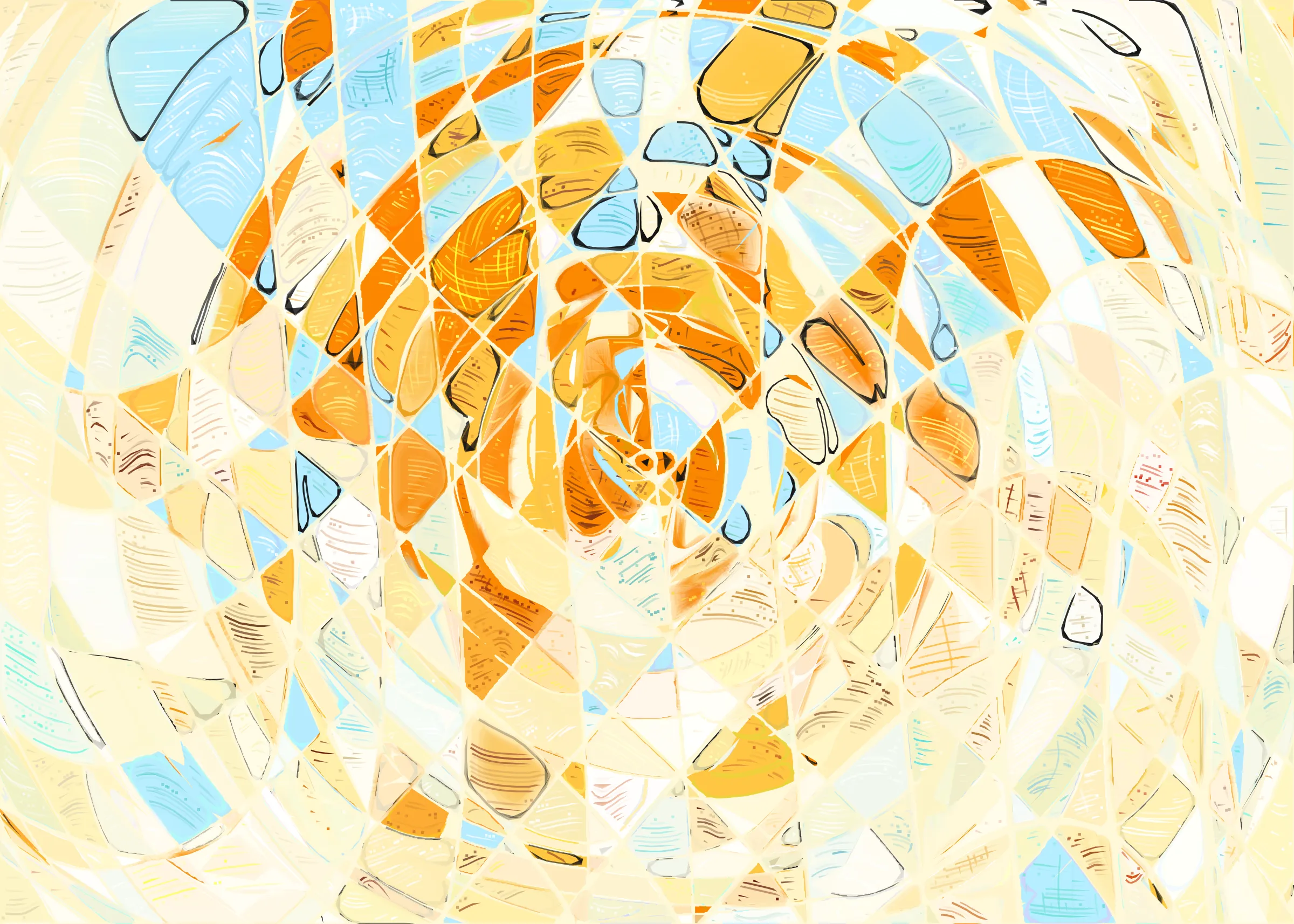 **Running Moon** depicts the nuanced interaction between clouds and moonlight. It is a search for boundaries between structure and fluidity, precision and errors. It is a quest for harmony. 

The rendering of **Running Moon** is inspired by stained glass and watercolor. It captures the sharpness of the glass and the softness of light using abstract forms. As organic shapes gradually expand to fill the space, brush-pen-like stripes solder these pieces together to form intricate compositions.