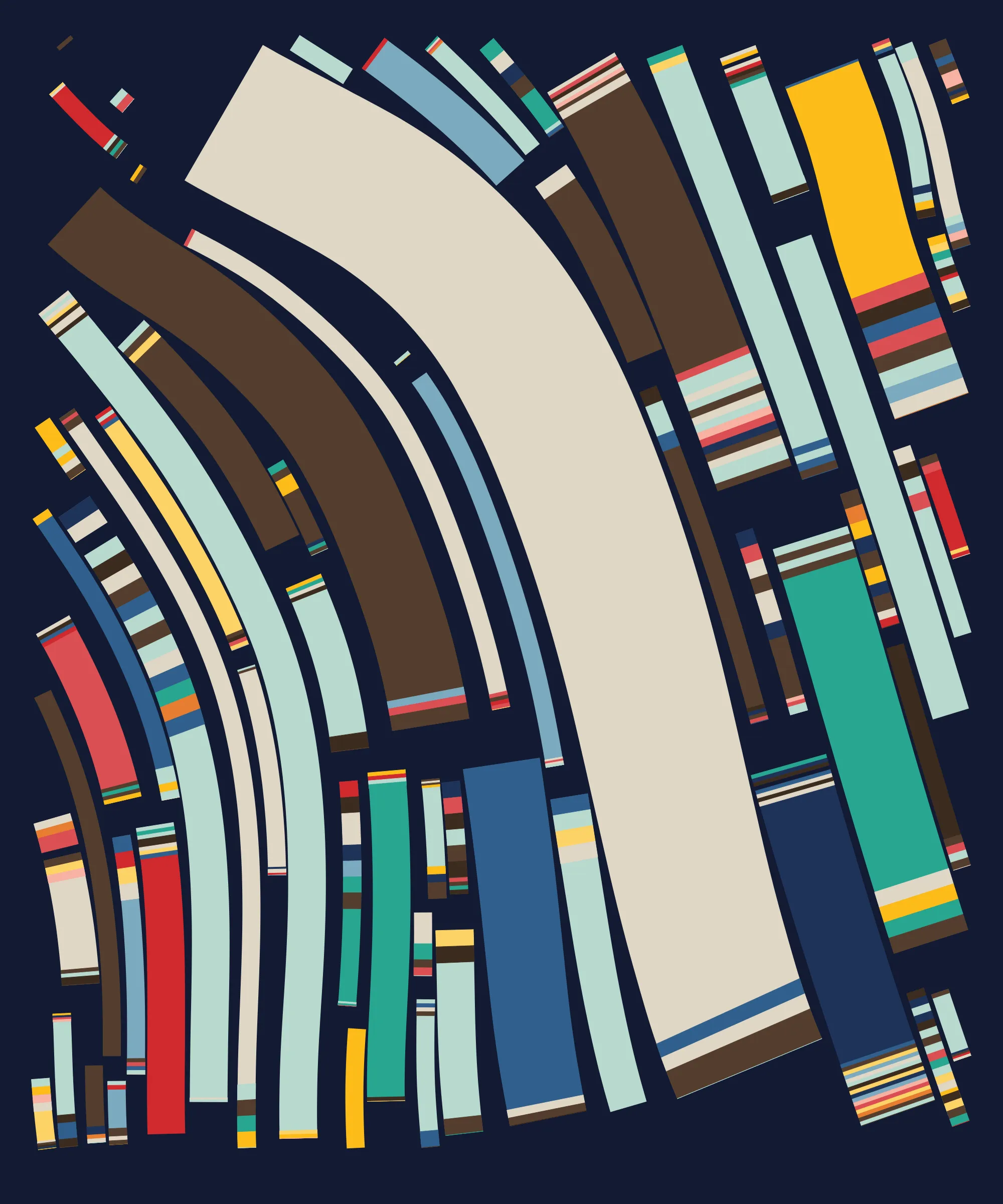 Fidenza is by far my most versatile algorithm to date. Although the program stays focused on structured curves and blocks, the varieties of scale, organization, texture, and color usage it can employ create a wide array of generative possibilities.