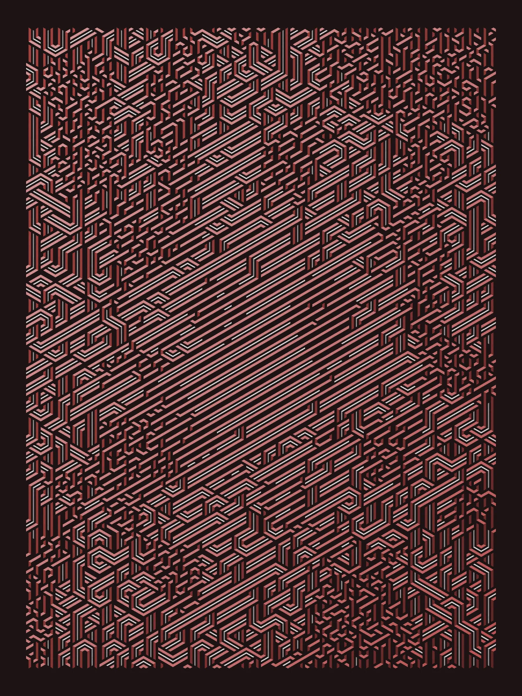 Lines are bent and shaded. There are no wrong turns. 

[Interaction in live view: press 1-7 or left/right arrow keys to see the stages of sketch construction: 1-grid, 2-divide, 3-tile, 4-bend, 5-shade, 6-color, 7-texture].