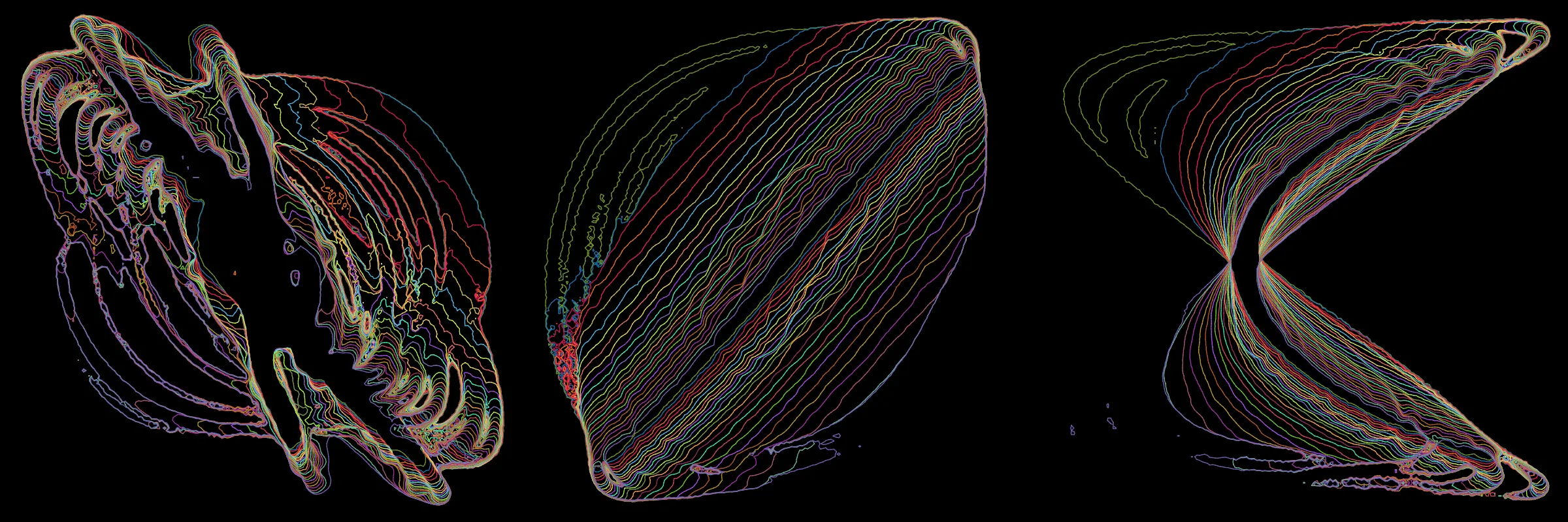Primordial presents forms as diverse as those found in the natural world. The emergent system powering Primordial is capable of generating this diversity but is hard to control. After the initial generation there is a curation step; forms must meet certain criteria or the algorithm replaces them.

The forms produced by Primordial are presented in a triptych, as comparing multiple outputs is fundamental to understanding a generative algorithm. Primordial attempts to generate triptychs where the individual forms are related, and the results can be surprisingly harmonious or discordant.

Once the triptych is finalized, click on one of the forms to redraw a previous image. Press s to save the entire triptych, or 1-3 to save an individual image.