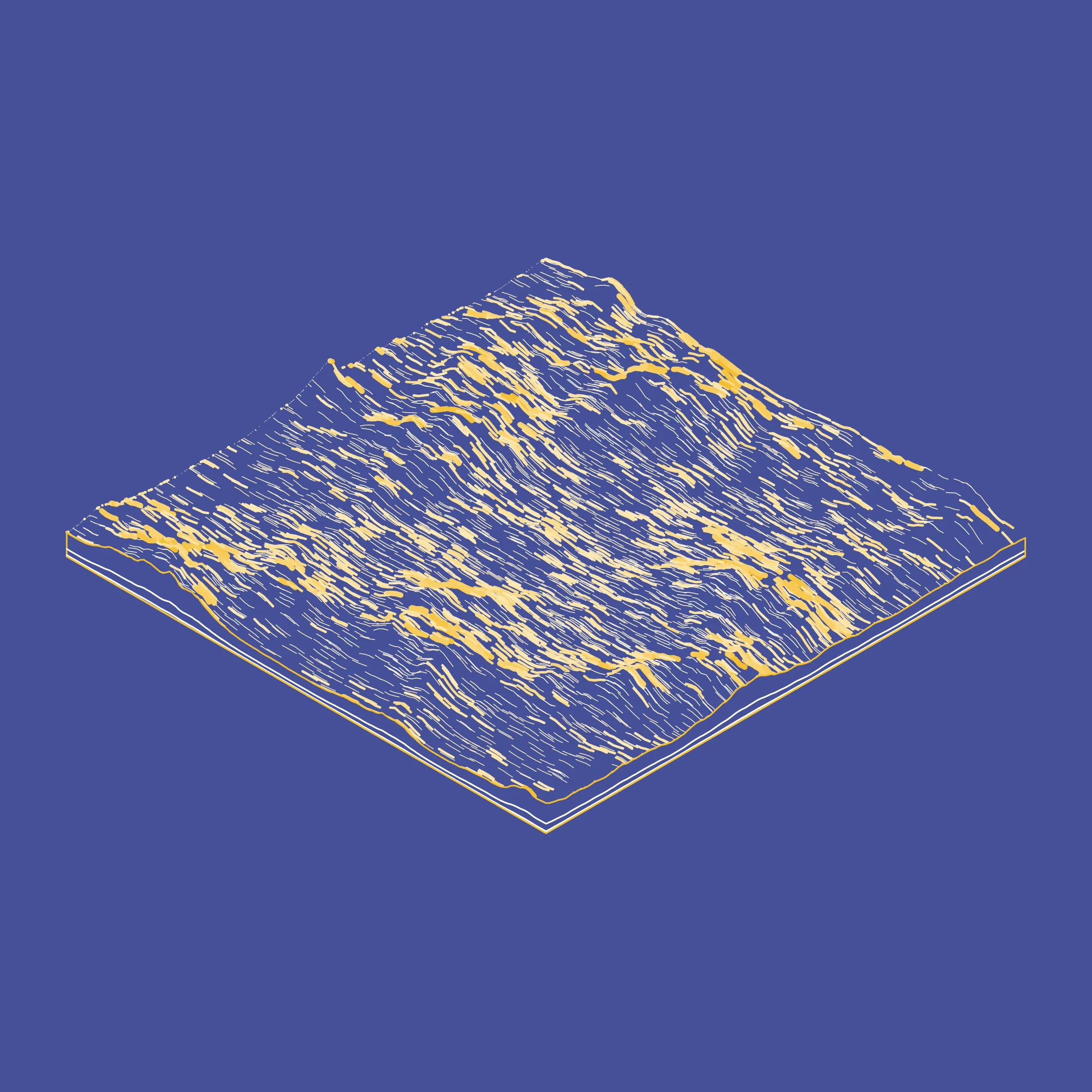 A generative algorithm that draws the impression of a landscape from a multitude of possibilities. The unique seed from each token drives the parametric assortment of lines, colors, and forms into a constructed composition.