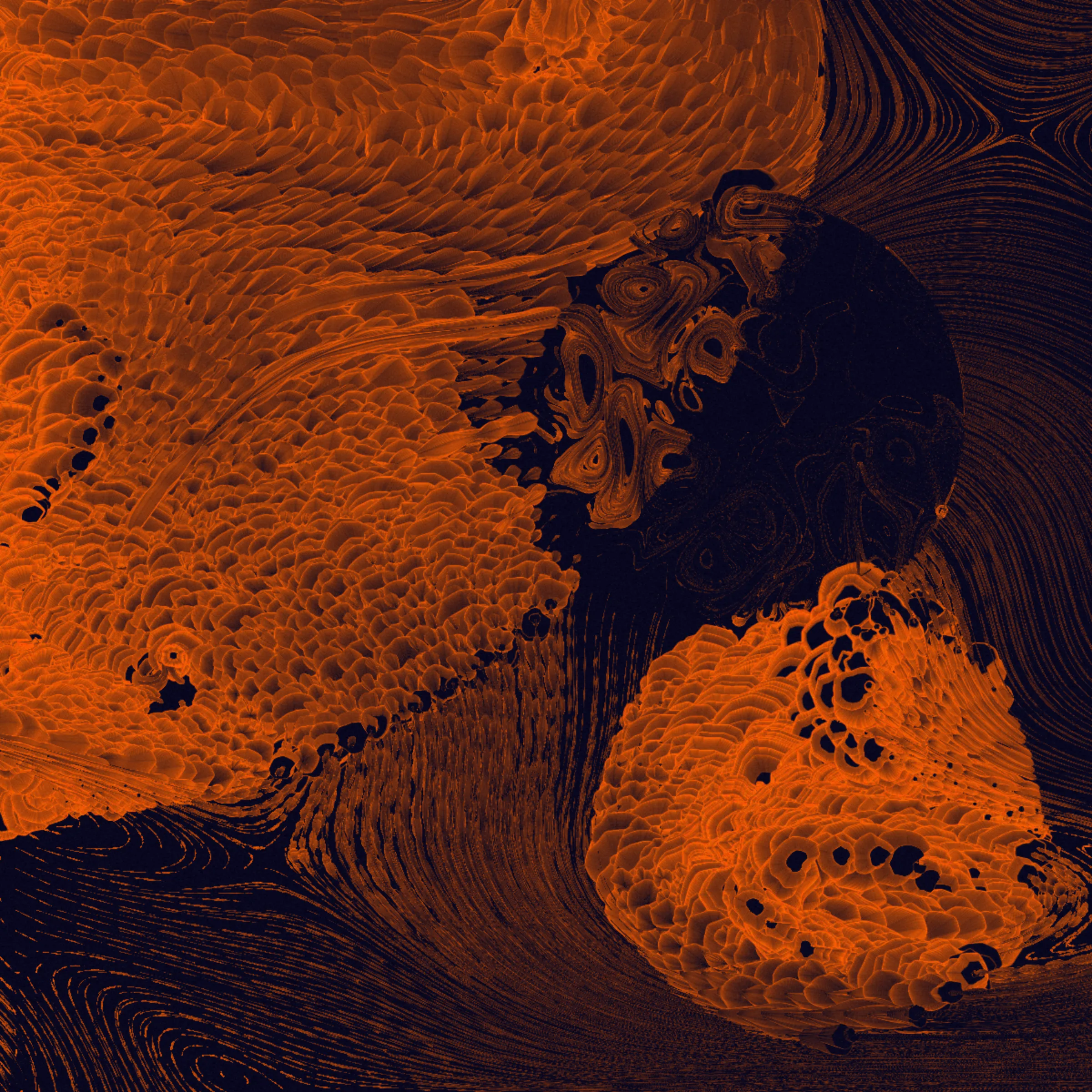 Drifting apart as the little islands that we are, you may ask yourself
_What is bigger - the inner space or the outer?_

This project was inspired by the multitudes we keep within us. The harsh shadows and the combination of pure 2d rendering with a 3d effect mimic feelings of separation from the rest of the world. Their undetermined scale reflects the seemingly unlimited depths of consciousness.

_The Inner World_ starts its rendering from one or more circular cores representing the centers of our personalities. Each of these cores spawns various thoughts and emotions, flowing as tendrils through the scene, making connections among themselves or reaching for the outside. Their movement ranges from straight and orderly to (seemingly) chaotic, sometimes twisting the clean underlying personality center into a completely different shape. Two rendering styles (illustrative and shaded) with palettes ranging from cool, gloomy and serious to cheerful or dramatic reflect the variety of predispositions.

While waiting for the rendering to complete, look at the focus animation highlighting the circular cores of your piece. You're invited to spend this time pondering how everything you know, everything you have or will ever experience, and even the most majestic sights from stars to microbes fit into the space between your ears.