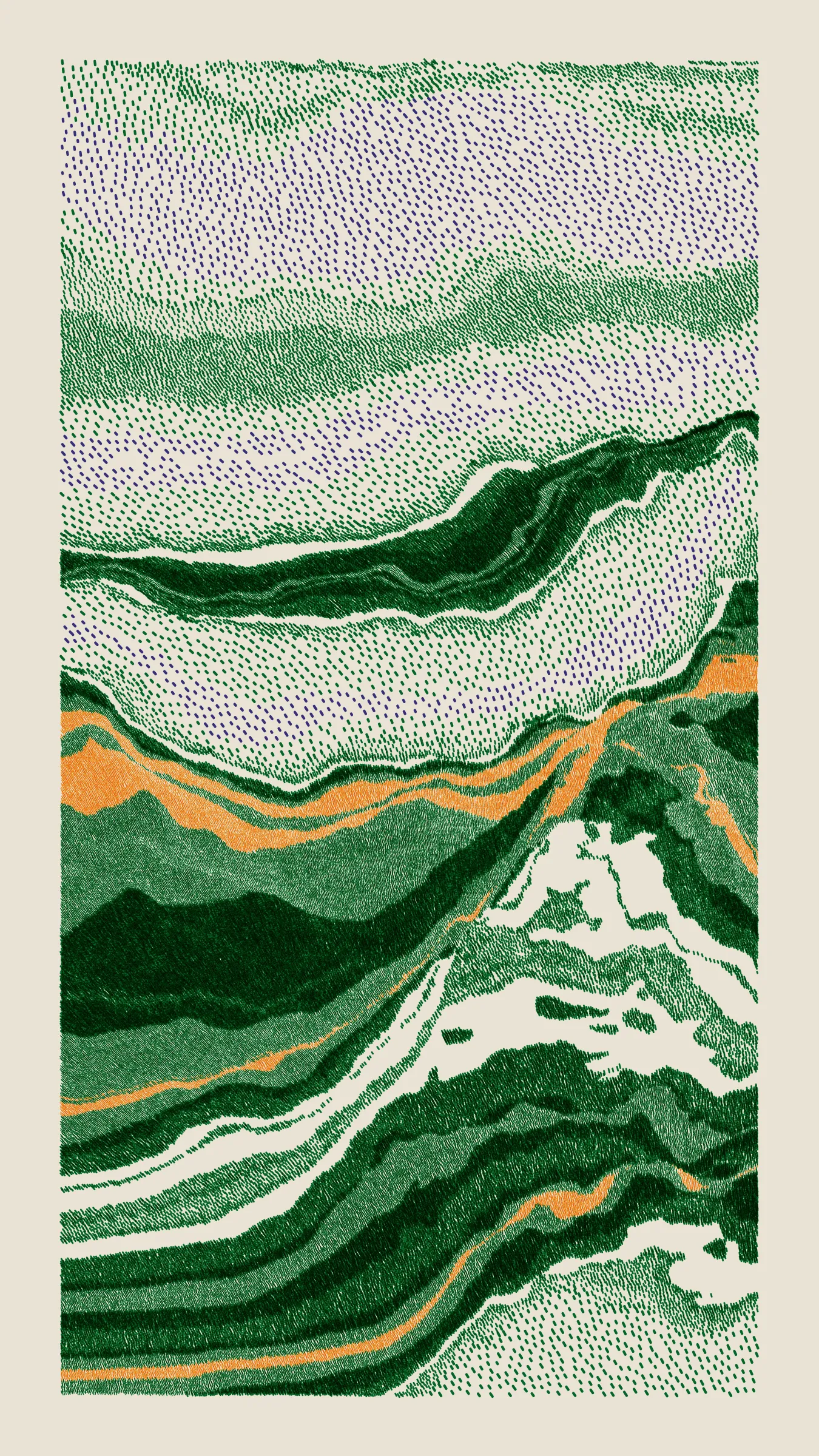 Stratified landforms constructed from many small strokes of colour. The hash of each token describes a coordinate within a multidimensional generative space, locating a unique composition that lies along one of many possible longitudes.