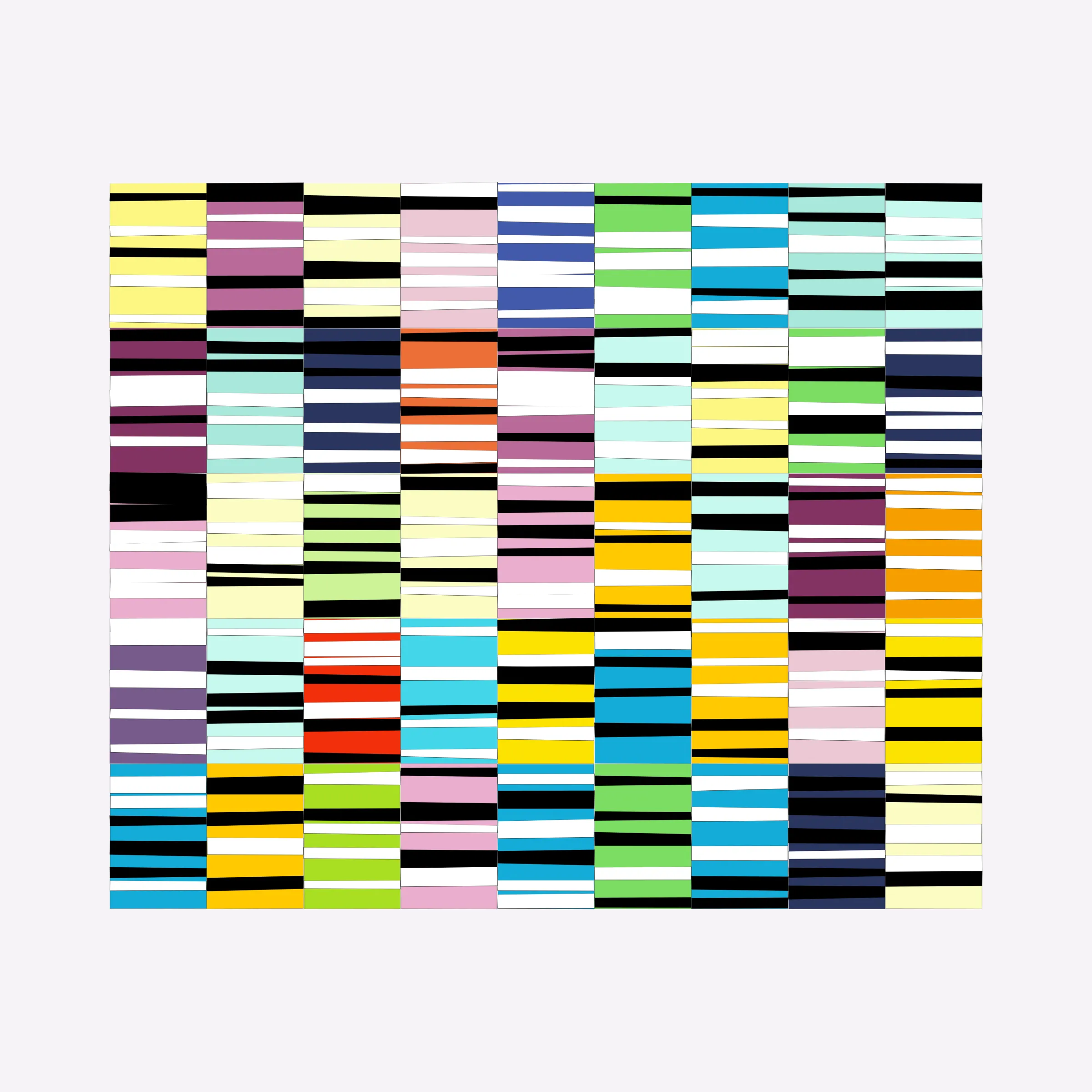 Attempts at perfection are destined to fail. This project embraces the impossibility of perfection in human execution and digitally simulates these imperfections.

In his abstract minimalist work, visual artist Wouter Kalis steers away from meaning. Horizontal black and white paper strips are placed on colored paper panels and one strip dictates the placing of the next. However, each attempt at perfection ends in failure. These mistakes have now become the signature of his work and contribute to the depth of content.

Digital representations of minimalist art can be executed to perfection but are less interesting to look at. In this project, artist Wouter Kalis and his son, software engineer Rosco Kalis, together attempt to recreate the human touch in digital art, the imperfection. 

The project displays computer-generated digital works similar to the physical works made out of paper. The colors of the digital panels are directly derived from the colors of the paper used for the physical work. The digital works can thus be reproduced using real paper. Please see the project website for details if you're interested in purchasing a handmade physical reproduction of your NFT.