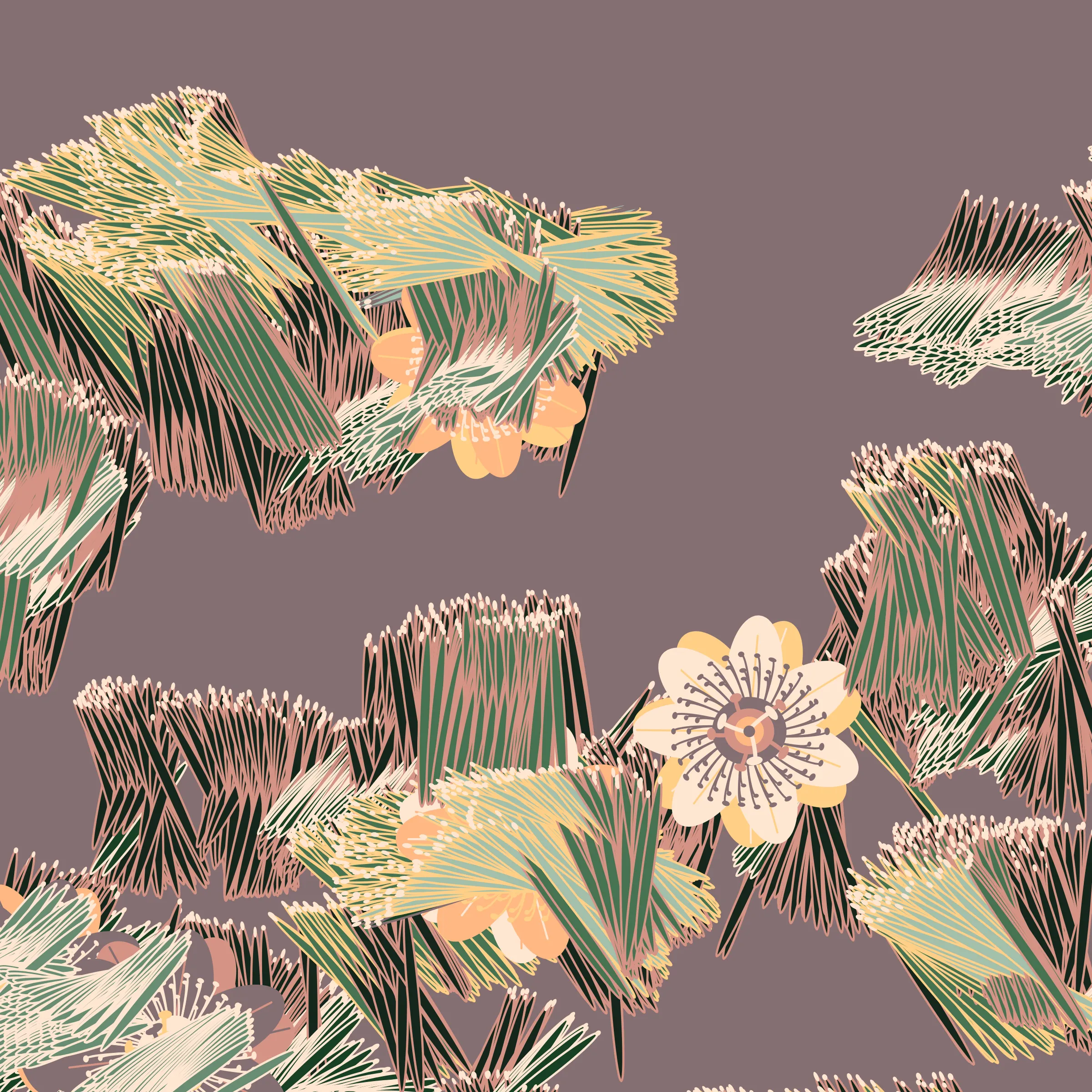 “Fragments of an infinite field” is a compositional system in which an idealized plant species is generated and arranged in a potentially infinite field of foliage. The main environmental parameter of the composition is the determination of a season of the year. The season determines the landscape’s colors and defines specific phenomena for each of them, such as rain in summer, snow in winter, petals falling in autumn, and pollen in spring. The flower has several possible variables, which can be macro aspects, affecting the entire population of the species, or micro, affecting each individual of the species differently. For example, the number of petals can be equal in all individuals or not. The number of filaments and other structures of the flower can undergo minor deviations, generating small mutations. The confusion between the figure (plant) and the background (earth, sky, other natural elements) is fascinating from a compositional point of view. The background colors are, most of the time, colors present in the figures, often breaking the boundary between them and, therefore, generating chromatic masses. In this project I also intend to research the following question: How to create parameters that resemble a living organism's growth? In this sense, the project approaches digital morphogenesis and the development of procedural organisms.