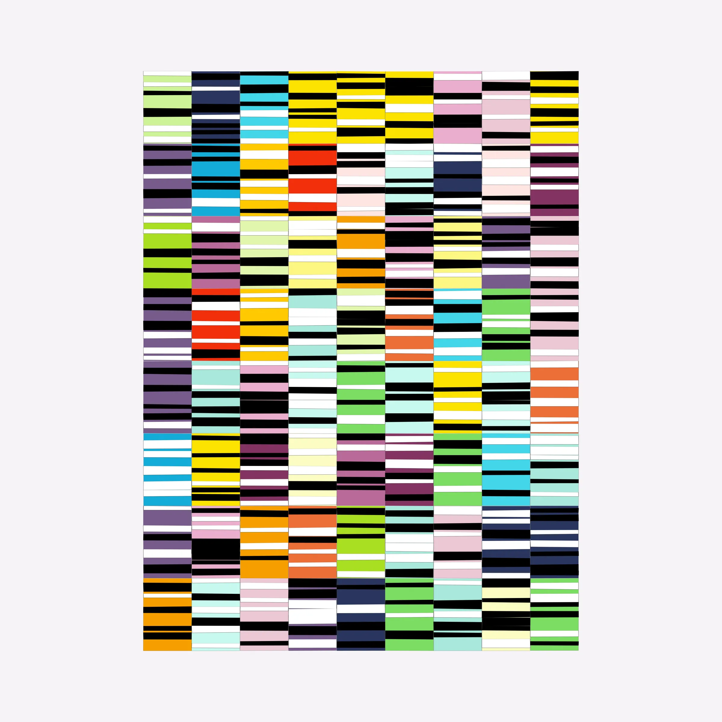 Attempts at perfection are destined to fail. This project embraces the impossibility of perfection in human execution and digitally simulates these imperfections.

In his abstract minimalist work, visual artist Wouter Kalis steers away from meaning. Horizontal black and white paper strips are placed on colored paper panels and one strip dictates the placing of the next. However, each attempt at perfection ends in failure. These mistakes have now become the signature of his work and contribute to the depth of content.

Digital representations of minimalist art can be executed to perfection but are less interesting to look at. In this project, artist Wouter Kalis and his son, software engineer Rosco Kalis, together attempt to recreate the human touch in digital art, the imperfection. 

The project displays computer-generated digital works similar to the physical works made out of paper. The colors of the digital panels are directly derived from the colors of the paper used for the physical work. The digital works can thus be reproduced using real paper. Please see the project website for details if you're interested in purchasing a handmade physical reproduction of your NFT.