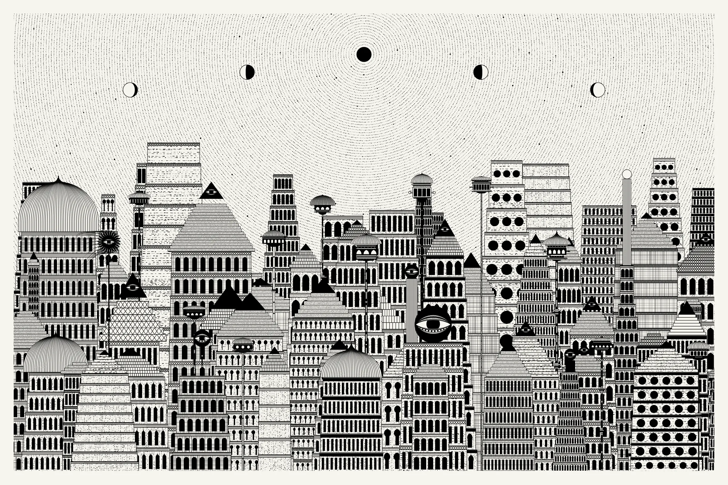 _Alan Ki Aankhen_ is an exploration of other-worldly cityscapes in the visual aesthetic of Fahad’s distinct style with pen and paper. The title, translated as _Alan’s Eyes_, alludes to Alan Turing’s machine intelligence test - a thought experiment foreshadowing a moment in which we can no longer differentiate between the real and the artificial. Though first proposed in 1950, the topic feels especially relevant today, as even our creative practices are being carried by shifting technological tides.

The algorithms and decision-making encoded into this generative art project intentionally imitate Fahad’s approach on traditional mediums - composition rules, textures, and overall themes. The visual elements are inspired by Fahad’s memories from his nomadic life. You’ll find intricate windows from Rajasthan, massive Egyptian pyramids rising from the horizon, a density of civilization only seen in New York, and the moon - a comforting and shared sight no matter where you stand.