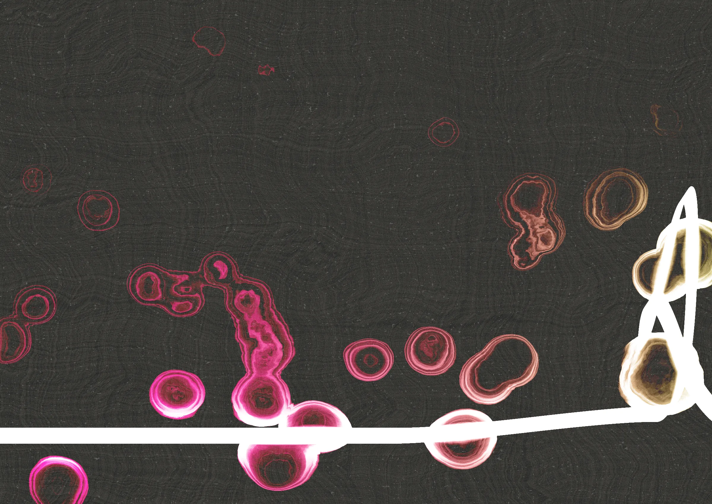 Sudfah (Arabic for "happy accident") is a generative collection celebrating the beauty that can emerge from chaos, mistakes, and accidents.

A single calligraphic line intends to tell one story (sometimes wandering and confused in its own right, but always meandering from one side to the other).

Digital liquid is spilled upon it and takes the ink in directions that are unexpected, uncontrolled, and tell a much more interesting story than the one the line intended.... and often more beautiful.