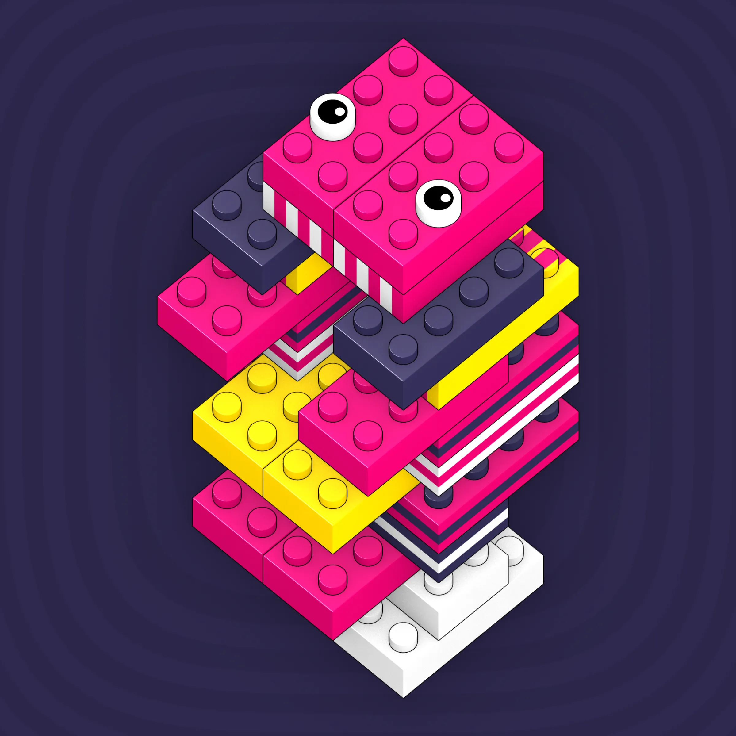 The project focuses on how easily one assigns meaning to seemingly random combinations of blocks, giving them personality and creating emotional connections.

I was inspired by Ringers, in which people see animals and other characters. I wanted to amplify this quality, and the idea of sculptures made of blocks clicked! Endless combinations, funny characters, and my passion for cubes, voxels, and modular systems.

To make the sculptures, I used technique of hybrid voxel raymarching, so we can say, the sculptures are made of colored void in a reflected space. Some of them may seem impossible due to the lack of perspective, but sooner or later it all clicks! It helps to keep in mind that all shapes are symmetrical.

The script uses modern features of GPU so it's supposed to work only on desktop: Chrome, Firefox or Safari