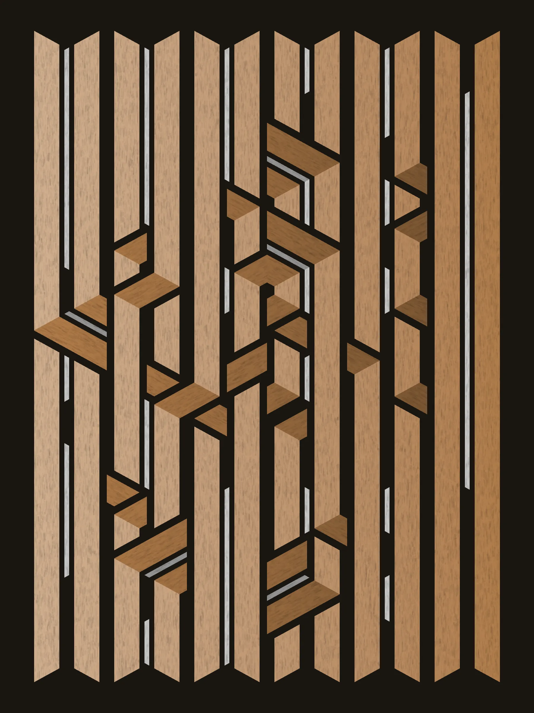 Lines are bent and shaded. There are no wrong turns. 

[Interaction in live view: press 1-7 or left/right arrow keys to see the stages of sketch construction: 1-grid, 2-divide, 3-tile, 4-bend, 5-shade, 6-color, 7-texture].