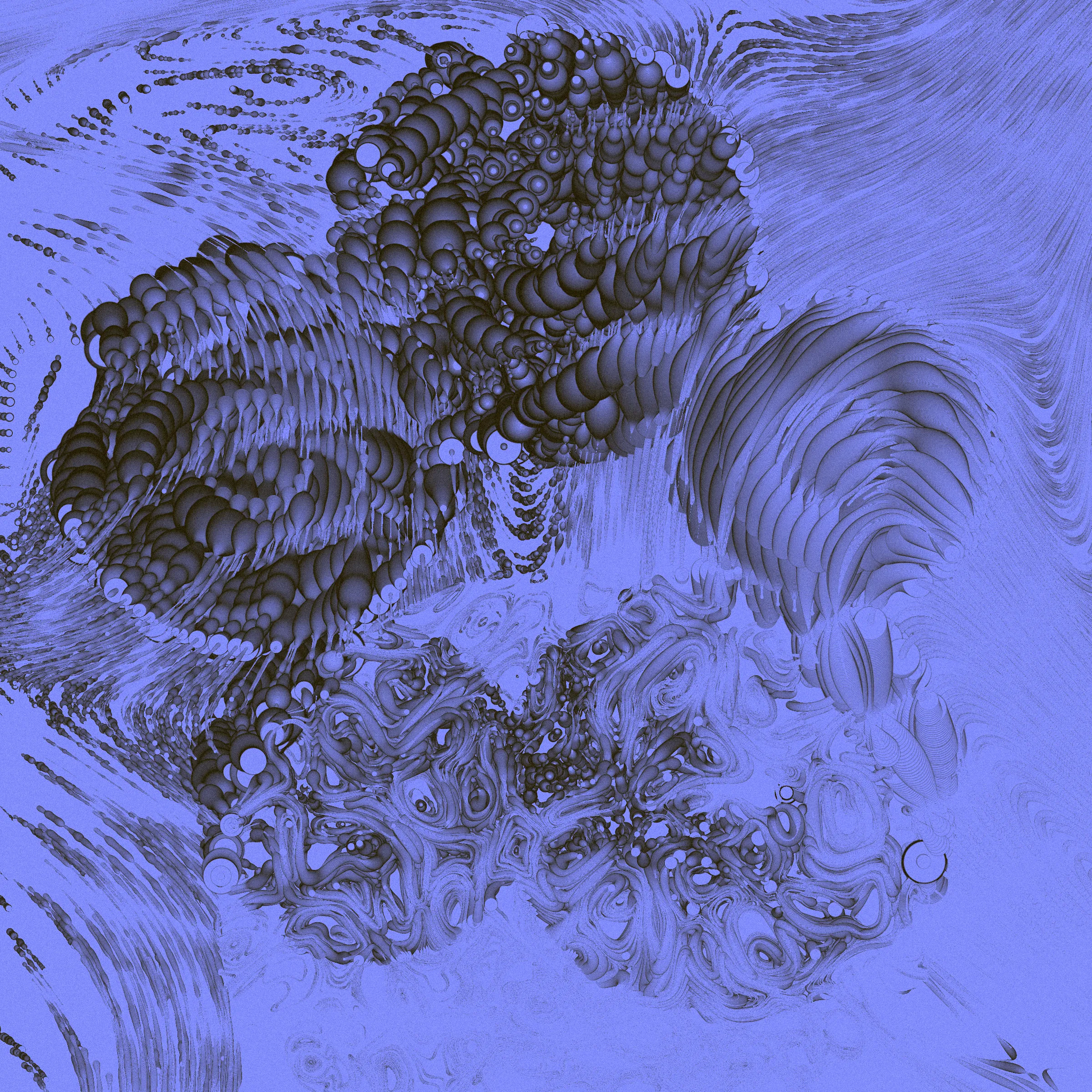 Drifting apart as the little islands that we are, you may ask yourself
_What is bigger - the inner space or the outer?_

This project was inspired by the multitudes we keep within us. The harsh shadows and the combination of pure 2d rendering with a 3d effect mimic feelings of separation from the rest of the world. Their undetermined scale reflects the seemingly unlimited depths of consciousness.

_The Inner World_ starts its rendering from one or more circular cores representing the centers of our personalities. Each of these cores spawns various thoughts and emotions, flowing as tendrils through the scene, making connections among themselves or reaching for the outside. Their movement ranges from straight and orderly to (seemingly) chaotic, sometimes twisting the clean underlying personality center into a completely different shape. Two rendering styles (illustrative and shaded) with palettes ranging from cool, gloomy and serious to cheerful or dramatic reflect the variety of predispositions.

While waiting for the rendering to complete, look at the focus animation highlighting the circular cores of your piece. You're invited to spend this time pondering how everything you know, everything you have or will ever experience, and even the most majestic sights from stars to microbes fit into the space between your ears.