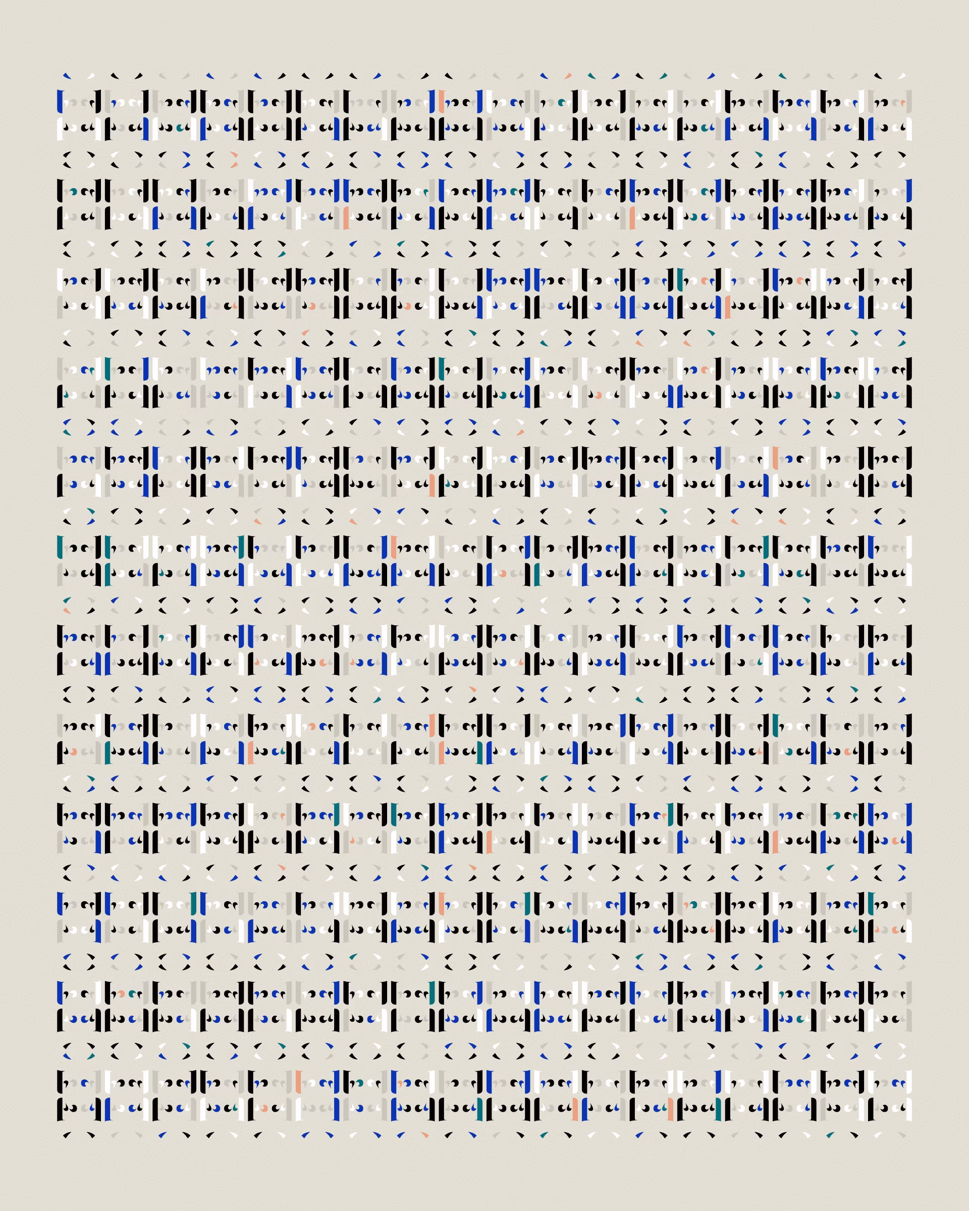 Abstract typographic elements slide together to create new characters. In some compositions, a single character is featured. In others, characters string together to form words and sentences, which the algorithm shapes into often-familiar layouts.

The type designer Gerard Unger said “it is almost impossible to look and read at the same time”. Asemica invites you to look without the burden of legibility.

Created by Emily Edelman, Dima Ofman, and Andrew Badr. Command-S to download a vector file. Live token best viewed in Chrome.